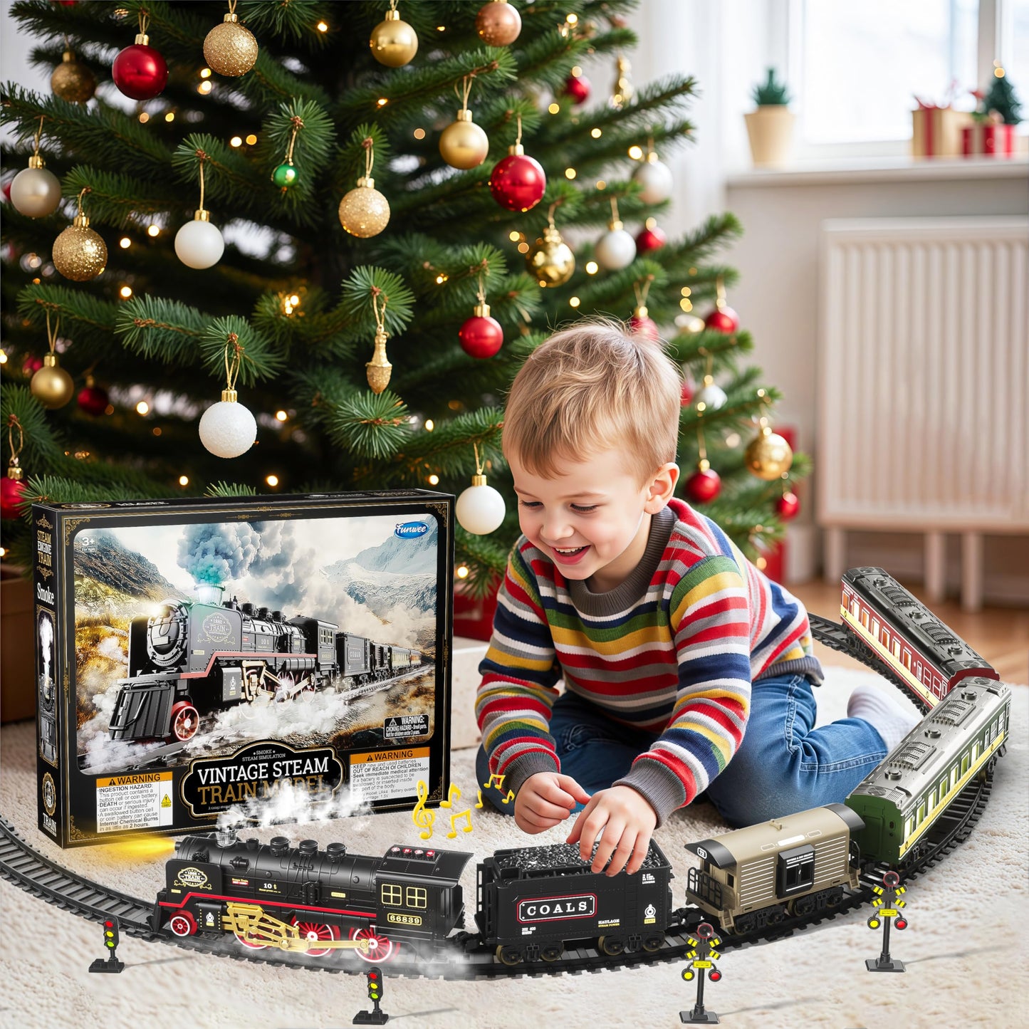 Funwee Electric Steam Train Set with Glowing Passenger Carriages,Locomotive Train Model for Under Christmas Tree with Lights,Smoke and Sounds,Gift