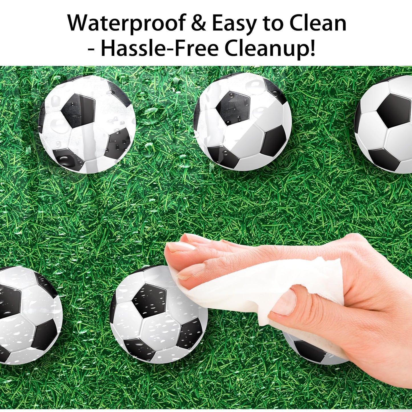 2 Pcs Football Soccer Field Theme Table Cover ,Vibrant Green Grass with Soccer Ball Pattern, Water Resistant Plastic Tablecloth for Sports Bar Events