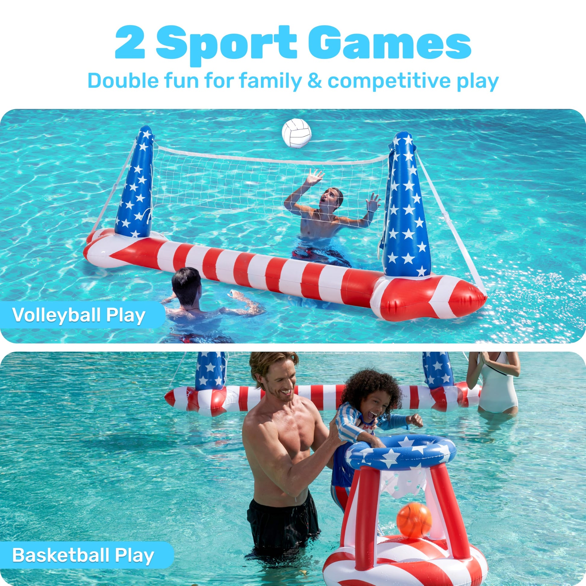 SLOOSH 4th of July Pool Games Set, Inflatable Pool Floats Set American Flag Volleyball Net & Basketball Hoops, Swimming Pool Game Toy for Kids