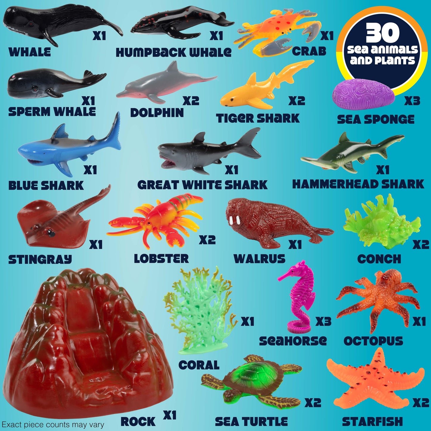Ocean Animal Toy Figures Set (30PCS)- Marine Life Sea Creatures Playset with Sharks, Dolphins, Turtles, Crabs & More- Kids Educational Toys, Bath