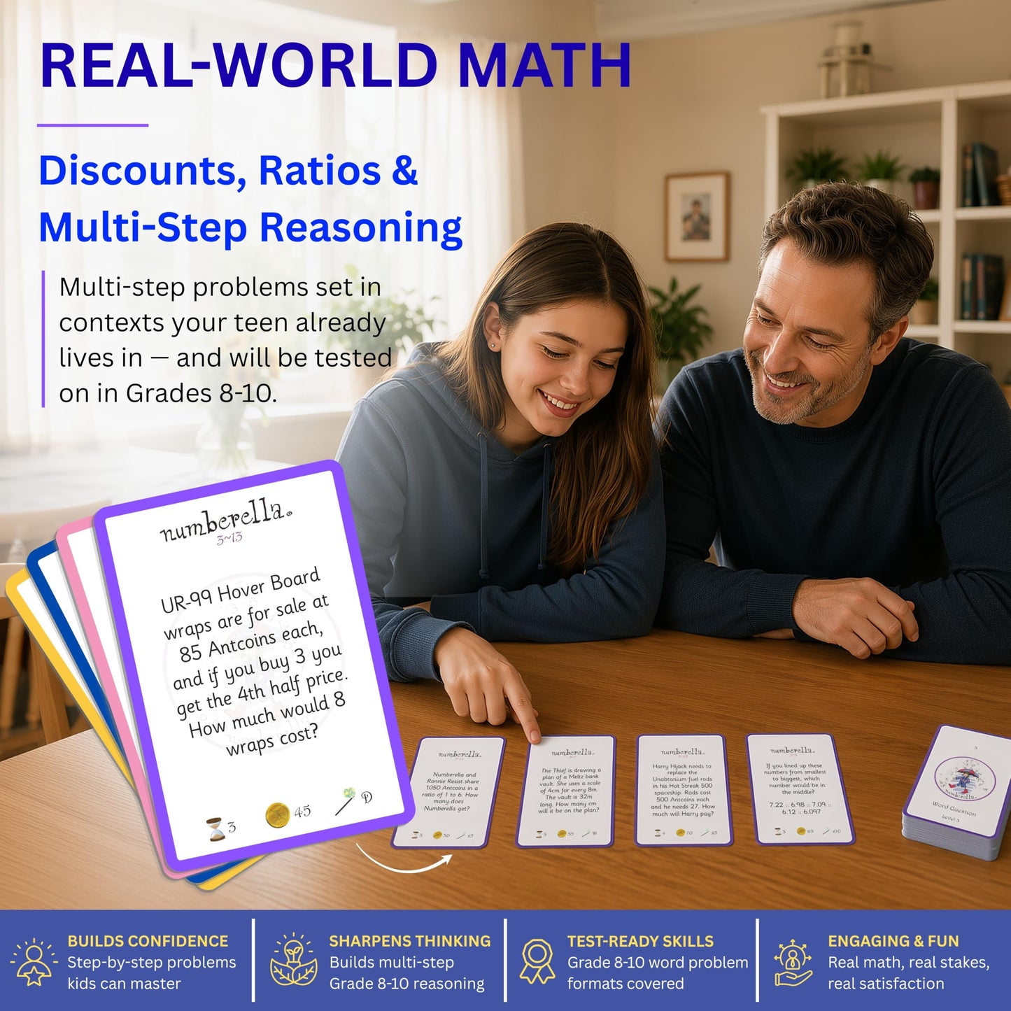 Numberella Deluxe Math Board Game - Level 3 | Ages 13-15, Grades 8-10 | Algebra, Geometry & Statistics | Middle School Math Game | Award-Winning STEM