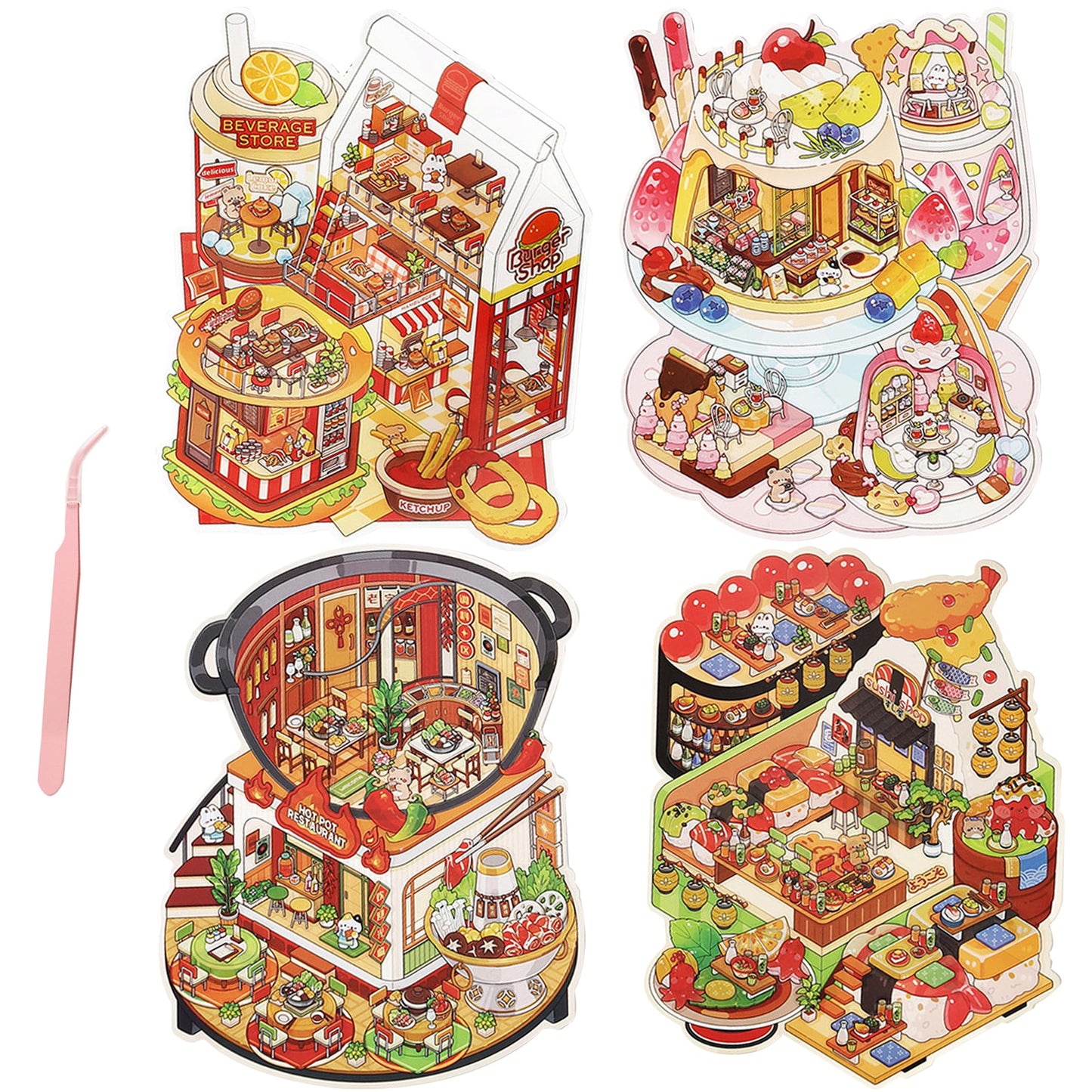 ZSYTZL 4 Sheets 3D DIY Stickers Scene, Cute Miniature Global Food Sticker Waterproof Quiet Book with Tweezers Decorating Phones Handbooks Bottle