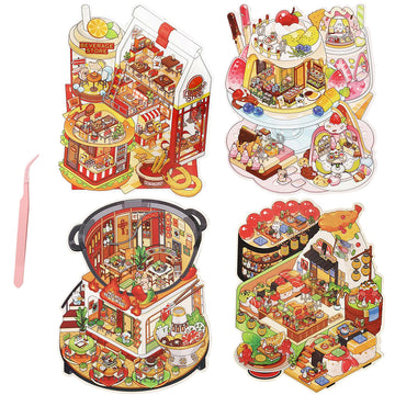 ZSYTZL 4 Sheets 3D DIY Stickers Scene, Cute Miniature Global Food Sticker Waterproof Quiet Book with Tweezers Decorating Phones Handbooks Bottle