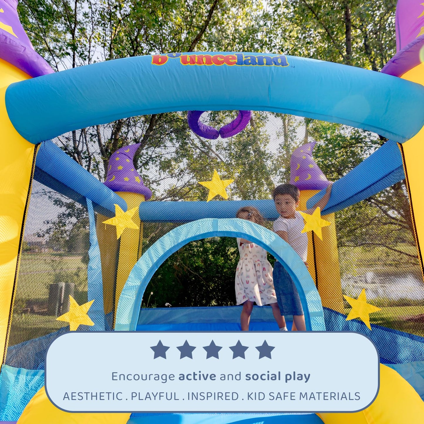 Wizard Inflatable Bounce House Bouncer, Spacious Bouncing Area with Fun Slide, Safe hook-and-loop fastener Entrance, Basketball Hoop, Fun Party Wizard