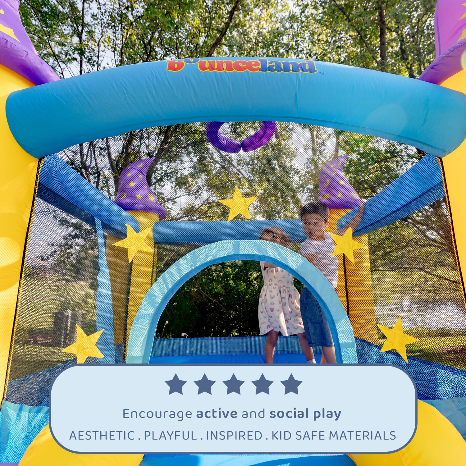 Wizard Inflatable Bounce House Bouncer, Spacious Bouncing Area with Fun Slide, Safe hook-and-loop fastener Entrance, Basketball Hoop, Fun Party Wizard