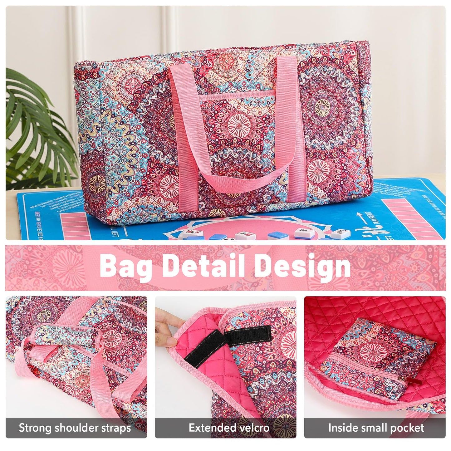 Kyerlish American Mahjong Tile Set with Pink Printed Carrying Bag, 166 Blue Tiles, 4 All-in-One Color Racks/Pushers, Mah Jongg Sets, Mahjong Game Set
