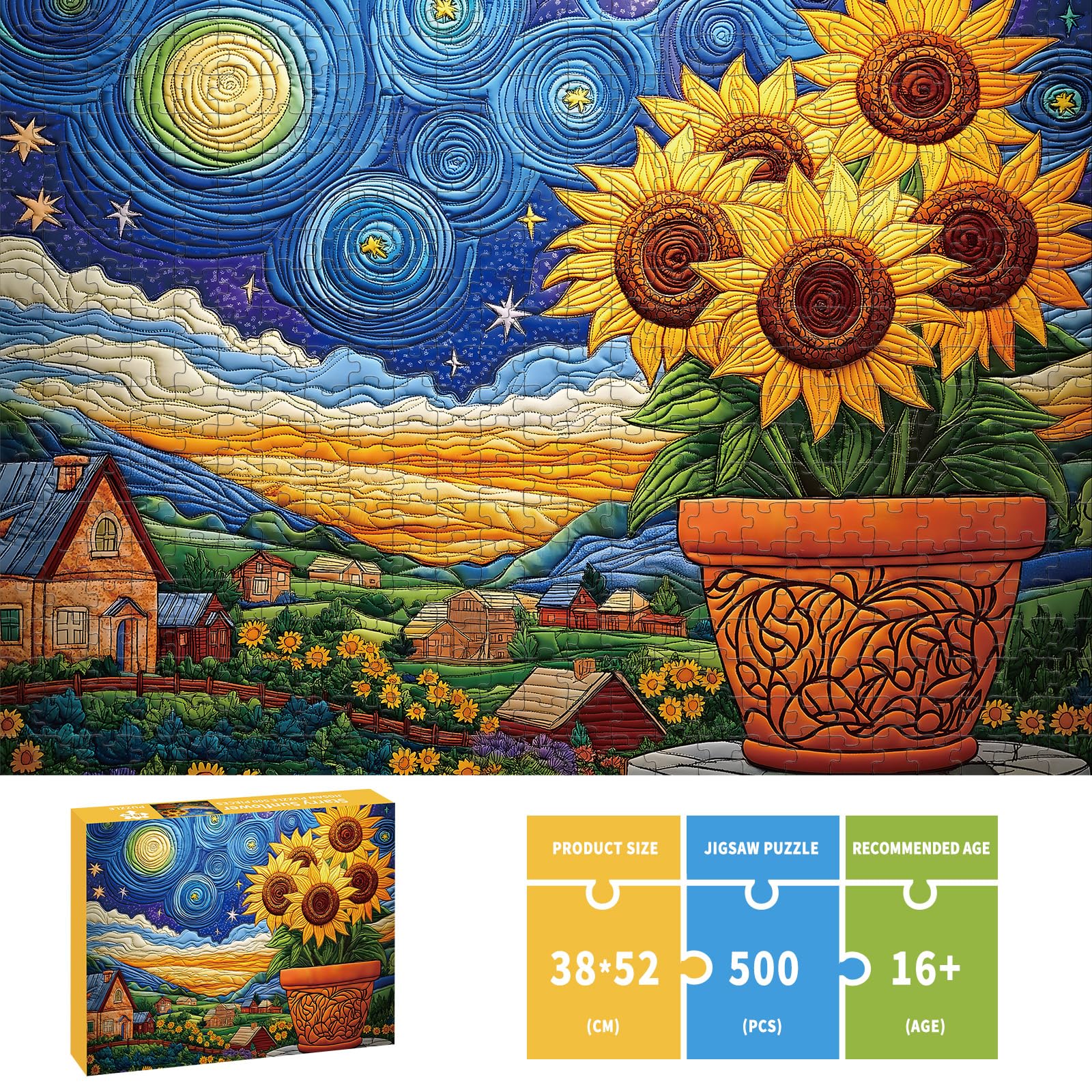 Puzzles for Adults 500 Pieces, Sunflower Puzzle Jigsaw Puzzles 500 Pieces - Starry Sunflower, Impossible Starry Night Puzzle, Finished Size 20.47 *