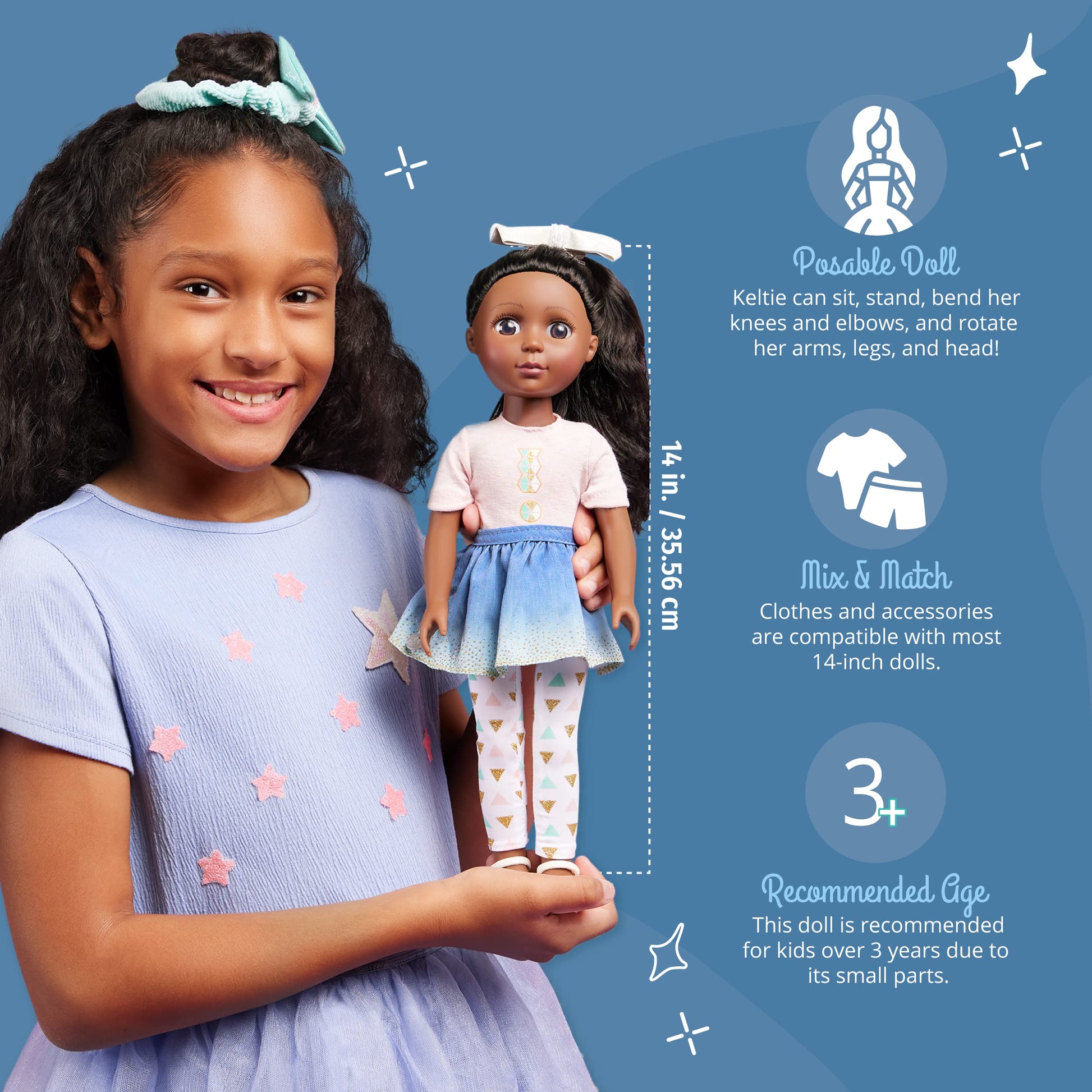 Glitter Girls - 14-Inch Fashion Doll - Long Brown Hair & Brown Eyes - Top & Blue - Ombre Skirt with Gold Glitter - Medium - Dark Skin Tone - 3+ Years