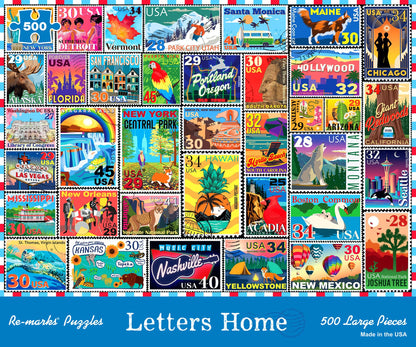 Re-marks Letters Home Stamp Collage Puzzle, 500-Piece Jigsaw Puzzle for All Ages