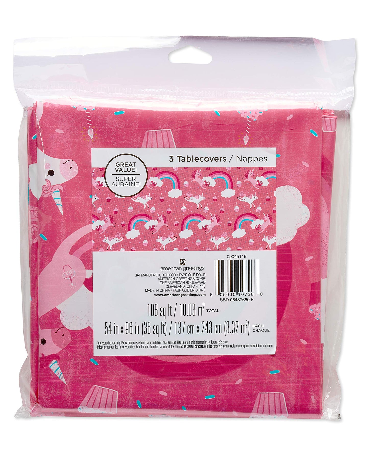 American Greetings Unicorn Party Supplies, Plastic Table Covers (3-Count, 54" x 96")