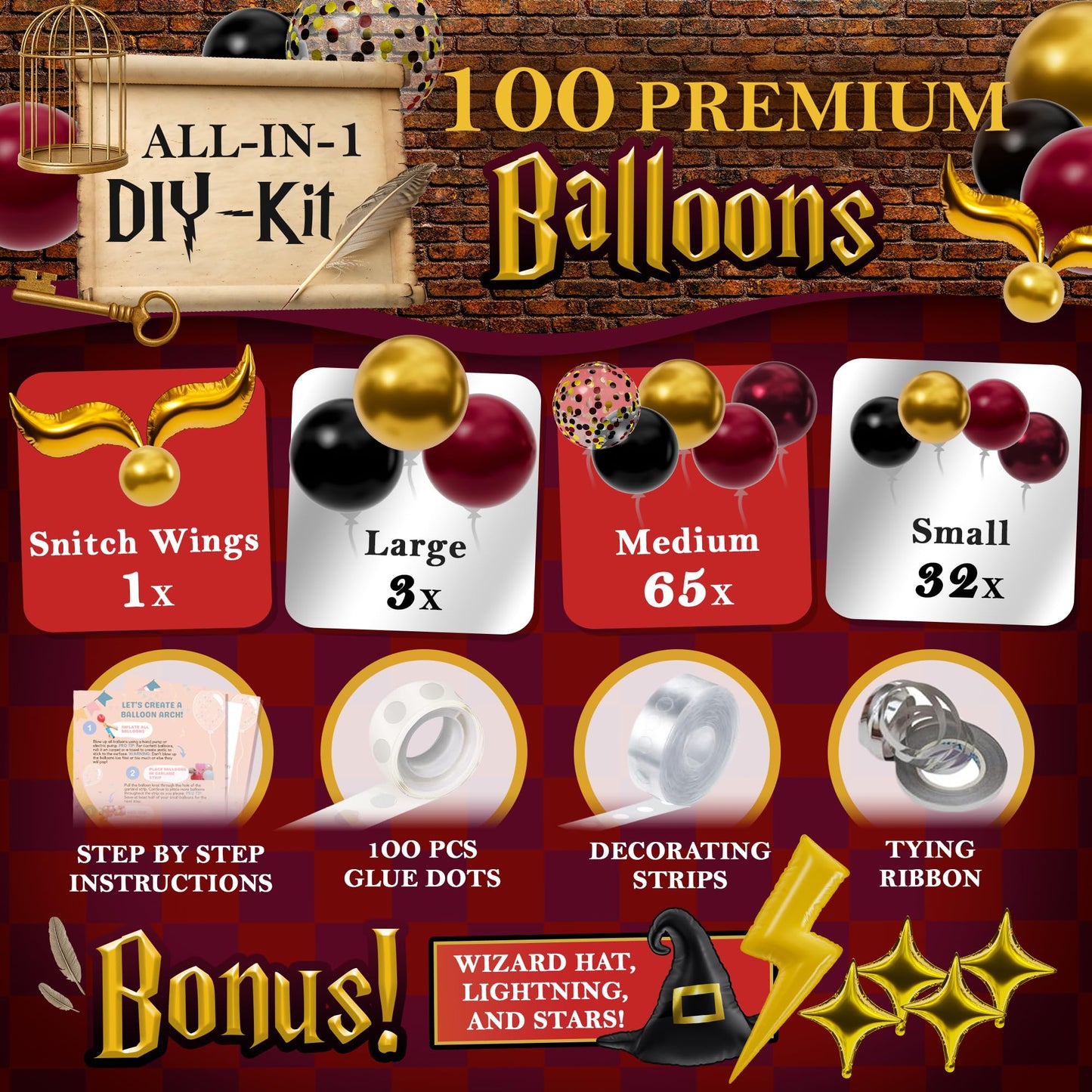 ALL-IN-1 Magical Wizard Balloons Garland Arch Kit with BONUS Hat, Wings, Lightning, Stars - Wizard Birthday Party Decorations & Supplies for Baby