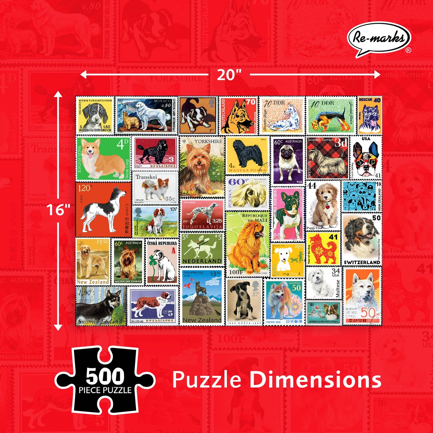 Re-marks Dog Postage-Stamp Collage Puzzle, 500-Piece Puzzle for All Ages
