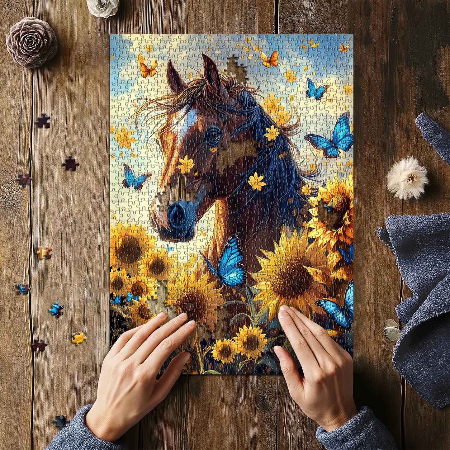 Flower Horse Puzzles for Adults 1000 Piece, Nature Sunflower Butterfly Garden Themed, Animal Floral Challenging Jigsaw Puzzle