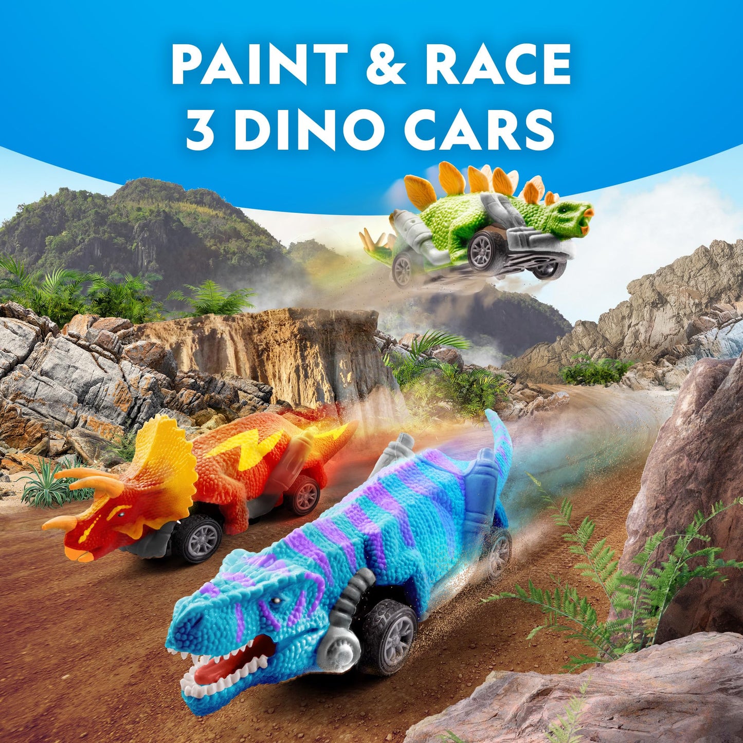 National Geographic Pull Back Dinosaur Race Cars Craft Kit - Paint 3 Dino Racecars with 6 Paint Colors, Dinosaur Toys for Kids, Kids Painting Kit