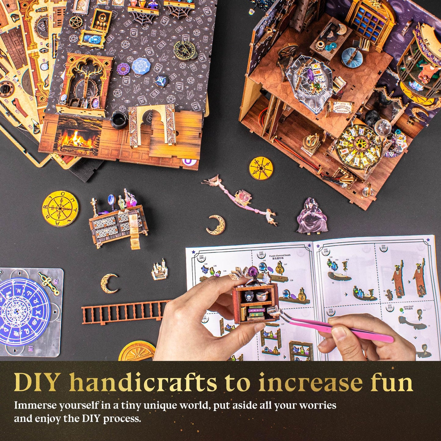 Wimlade DIY Book Nook Kit for Adults, 3D Wooden Puzzles Bookshelf Insert Decor with LED Light, Miniature House Dollhouse Kit Birthday Christmas