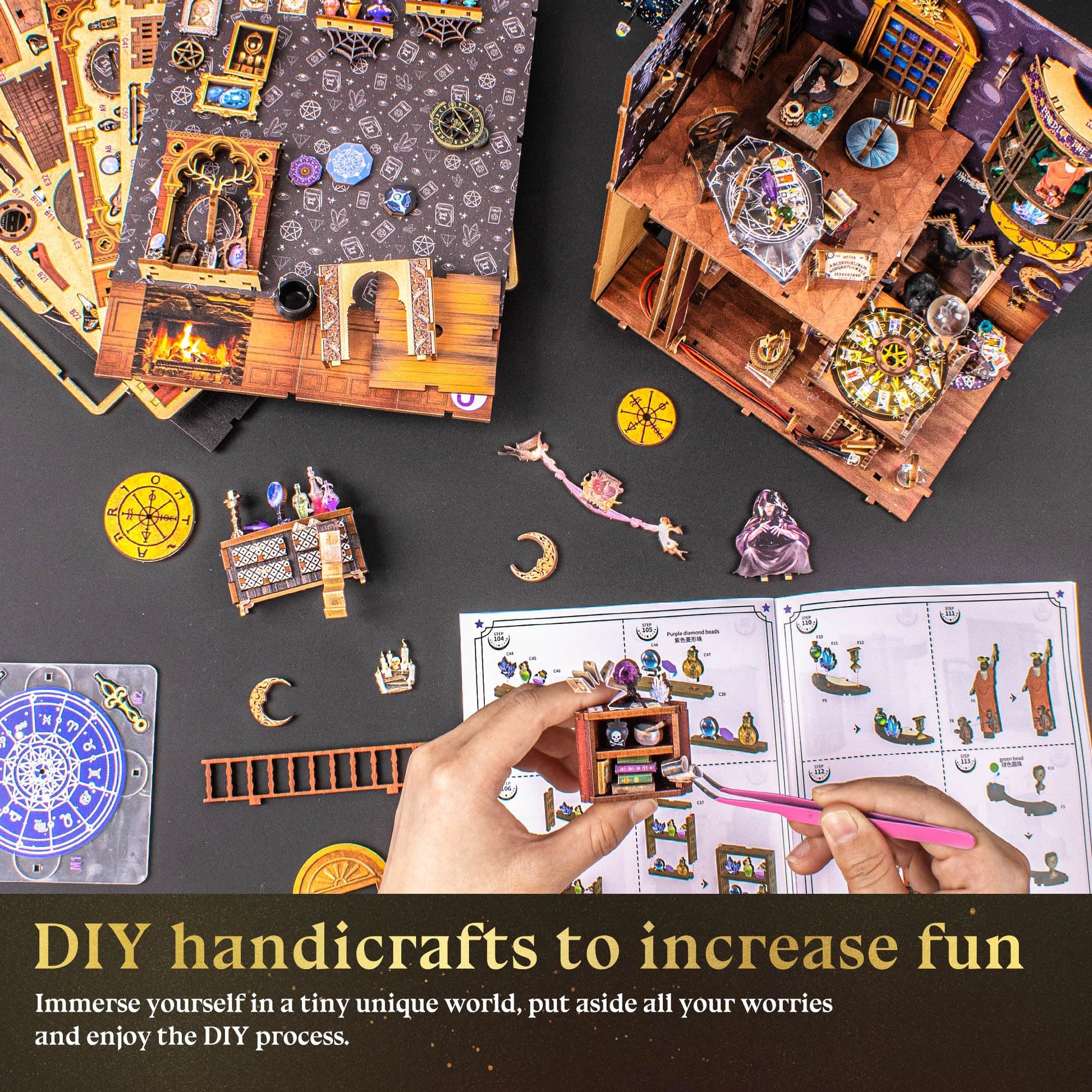 Wimlade DIY Book Nook Kit for Adults, 3D Wooden Puzzles Bookshelf Insert Decor with LED Light, Miniature House Dollhouse Kit Birthday Christmas