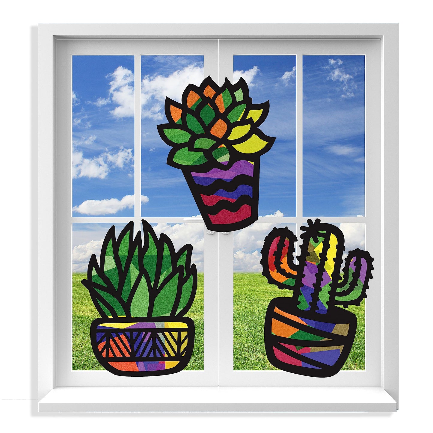 VHALE Suncatchers Craft 3 Sets (9 Cutouts) w Tissue Papers Stained Glass Effect Paper Sun Catcher Kit, Window Art, Classroom Crafts, Creative Art