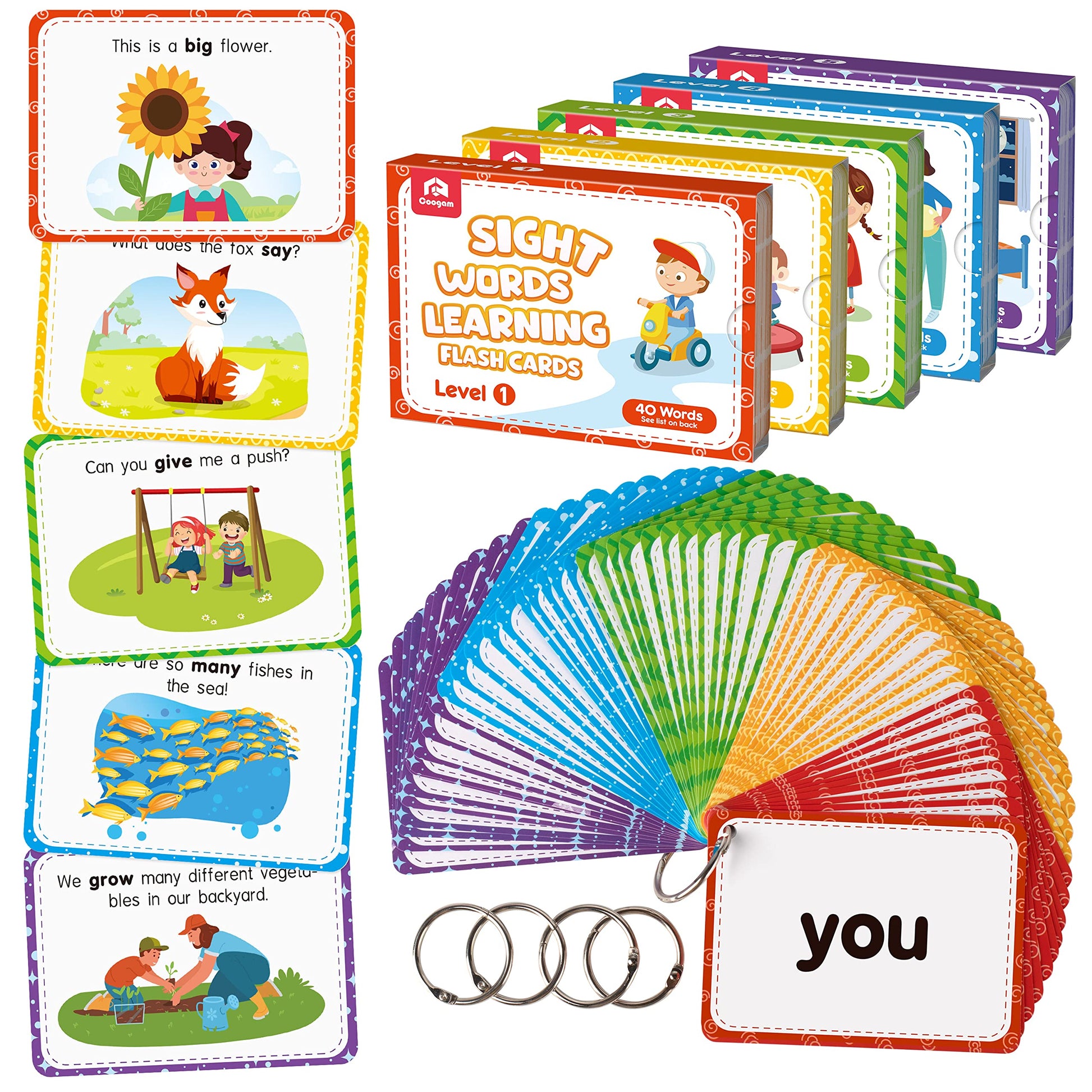 Coogam Sight Words Educational Flashcards - 220 Dolch Sightwords Game with Pictures & Sentences,Literacy Learning Reading Cards Toy