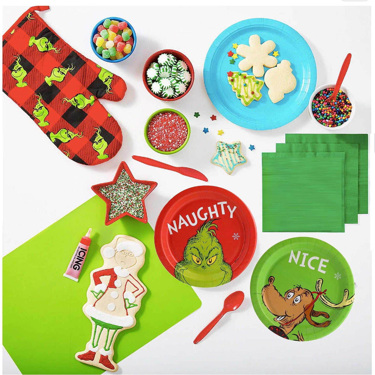 Grinch Christmas Naughty & Nice Party Supply Set - Disposable Paper Desert Plates - Serves 16