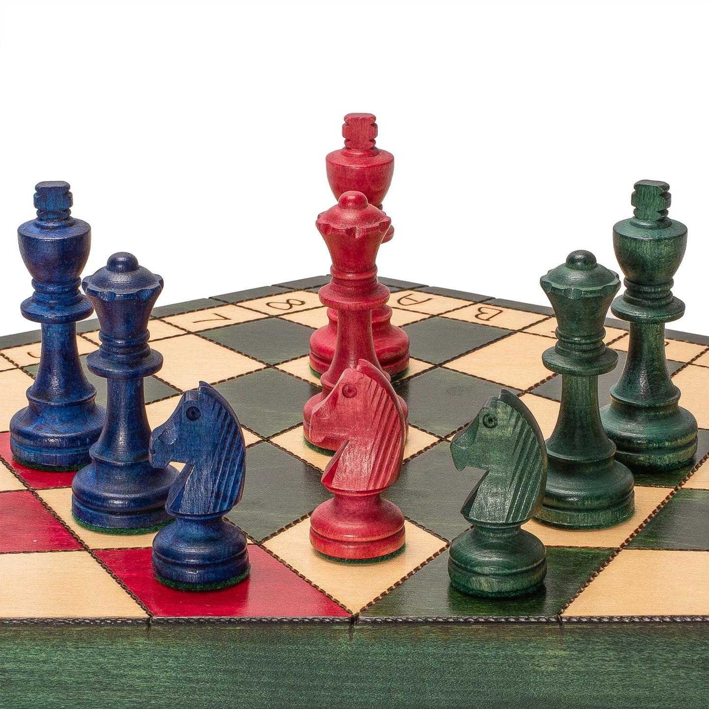 Husaria Wooden Three-Player Chess Set - 21" Foldable Hexagonal Board with Hand-Carved Tri-Color Pieces & Felt Storage - Made in Poland