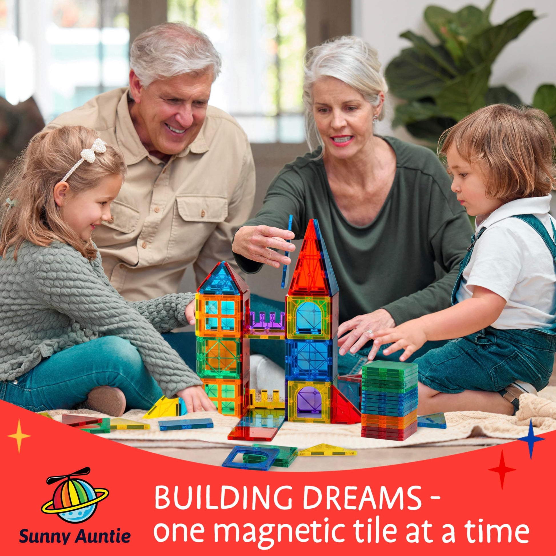 SUNNY AUNTIE Magnetic Tiles STEM Toys Building Set, Ages 3+ - 180 Pieces