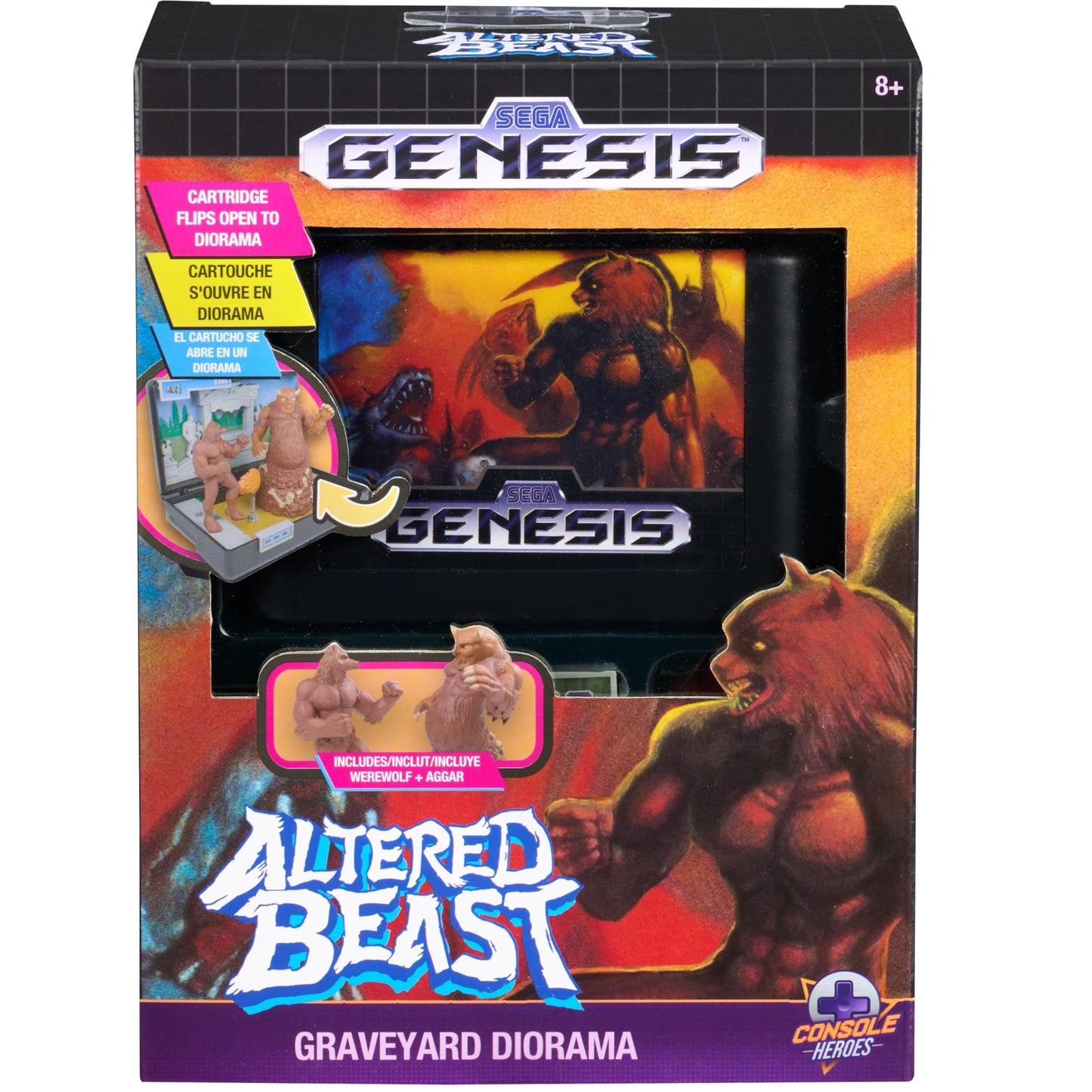 Console Heroes Altered Beast Retro Collectible Diorama - Mini Werewolf & Aggar Figures with Graveyard Boss Scene - SEGA Genesis Cartridge Collectible