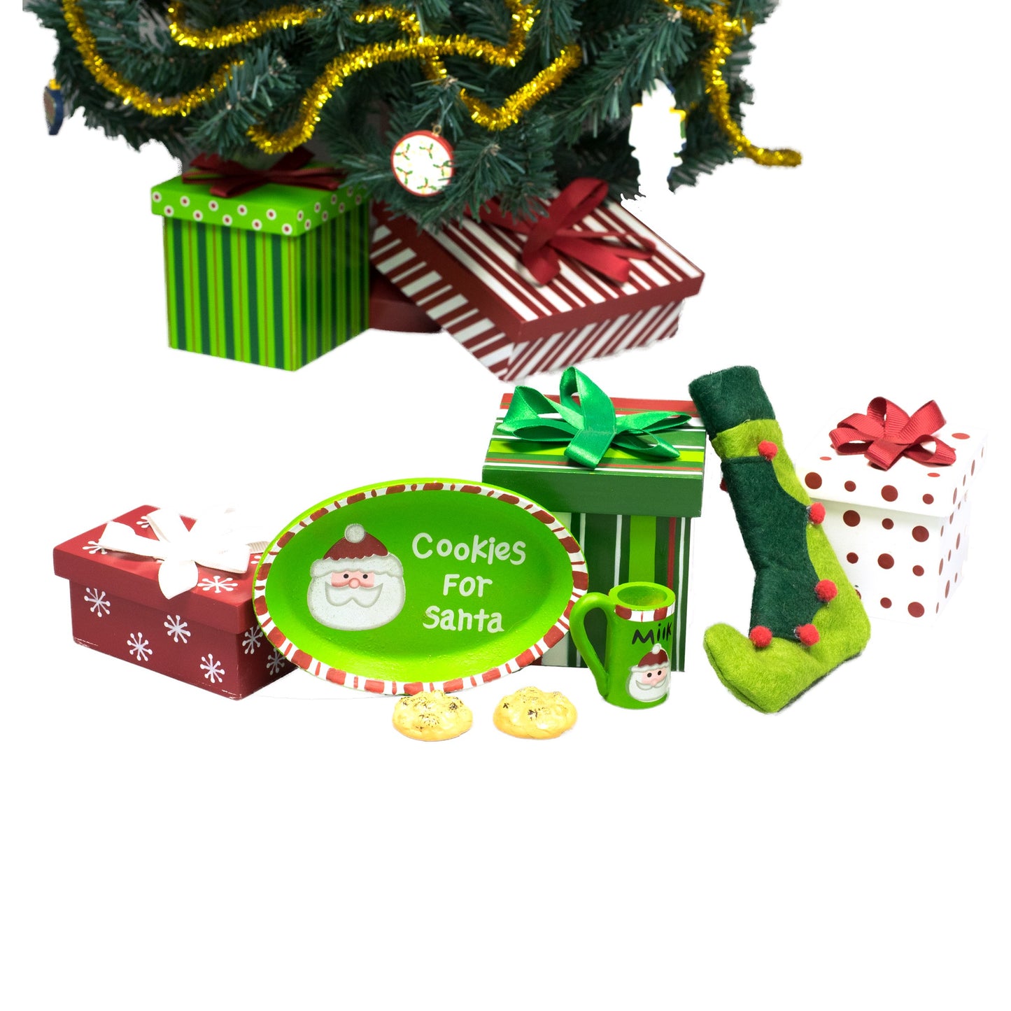 THE QUEEN'S TREASURES 18 Inch Doll Accessories, Christmas Play Set Includes 3 Gift Boxes, Stocking, Platter, Mug & Cookies for Santa. Compatible