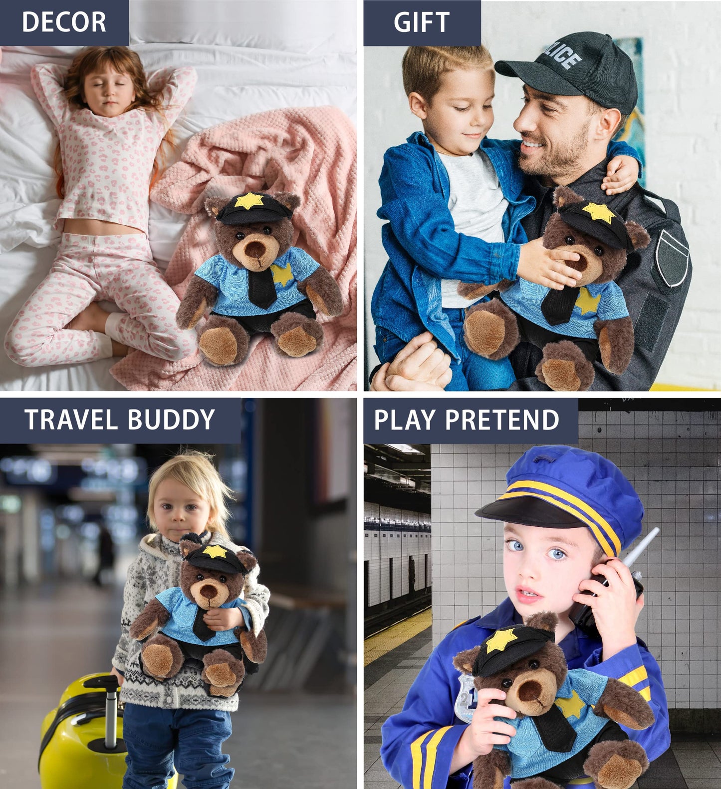 DolliBu Brown Bear Police Officer Plush Toy - Super Soft Plush with Red Plaid Hoodie, Cute Cop Uniform and Cap Outfit - 10 Inches