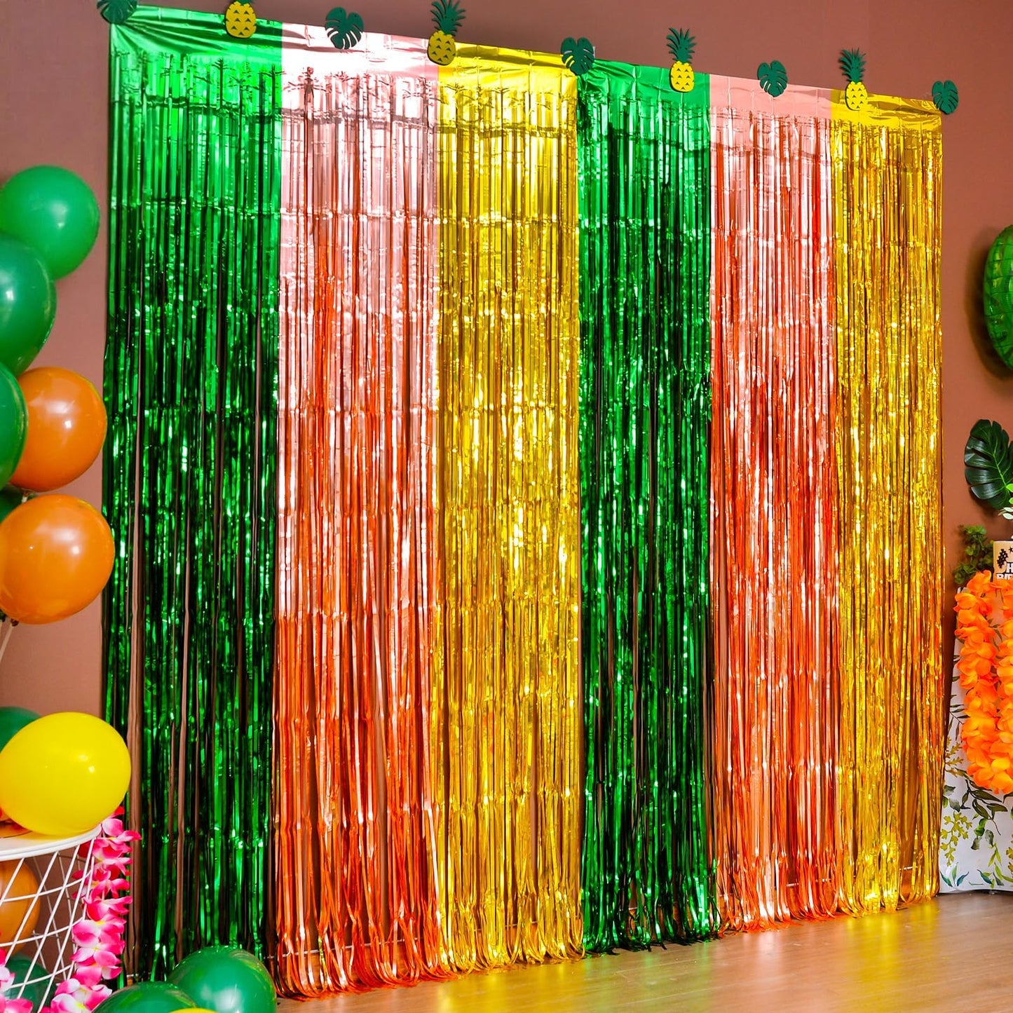 LOLStar Hawaiian Luau Foil Fringe Curtains, Tropical Party Backdrop, 2 Pack