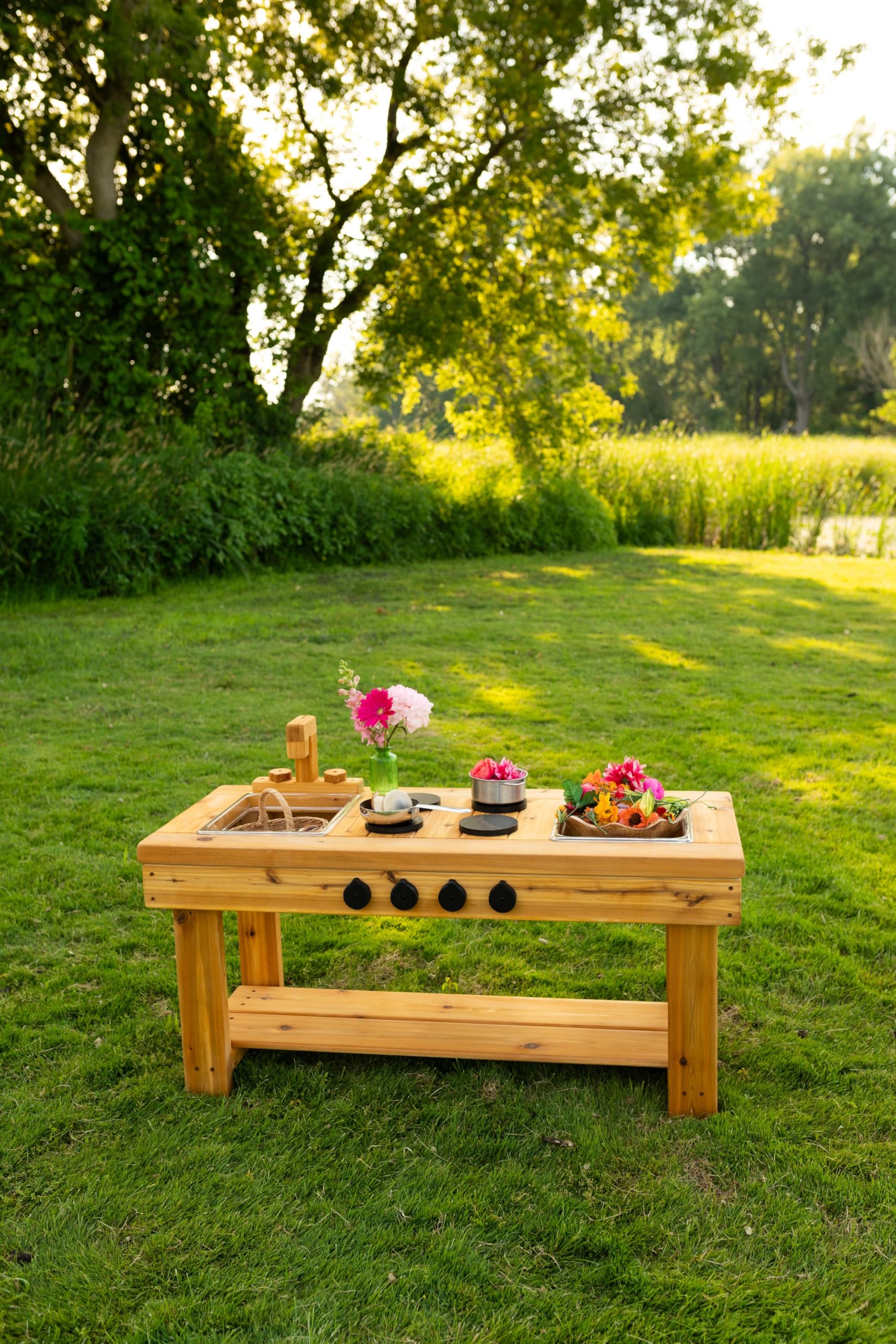 Noble Toys XL Cedar Outdoor Mud Kitchen Centered with Stovetop for Toddlers and Kids | Pretend Play Toddler Table | Sensory Table | Outside Playset |
