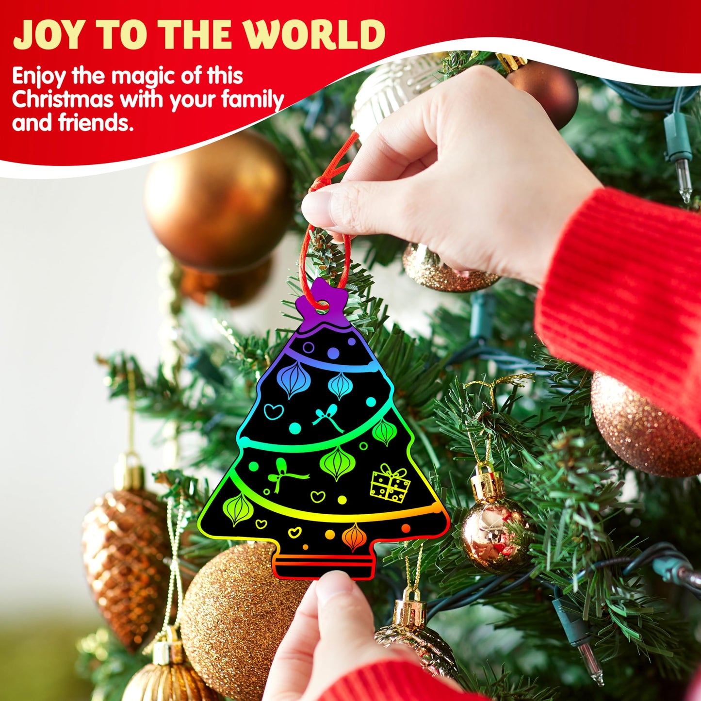 JOYIN 72 Pcs Christmas Scratch Art Ornaments, Rainbow Color Scratch Paper Off Craft Kit Includes Xmas Tree, Christmas Hanging Ornament for Kids