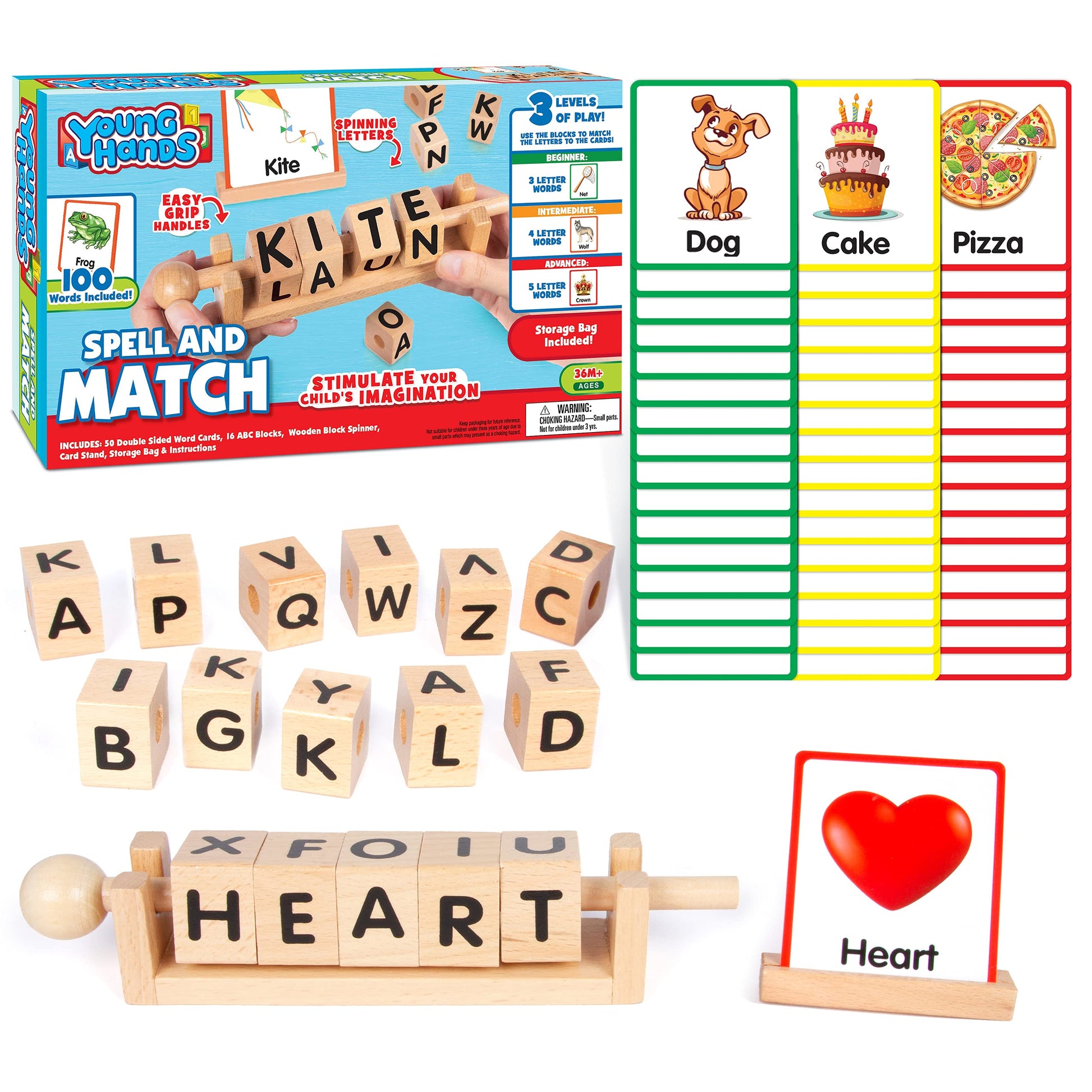 Wooden Reading Blocks - Spin, Spell & Match Words - 16 Alphabet ABC Blocks & 50 Cards with Images - Montessori Learning Reading Games Toy for Toddlers