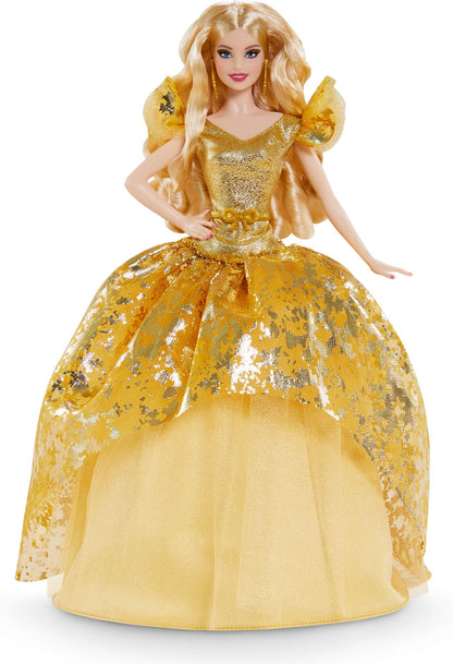 Barbie Signature 2020 Holiday Barbie Doll (12-inch Blonde Long Hair) in Golden Gown, with Doll Stand and Certificate of Authenticity, Gift for 6 Year