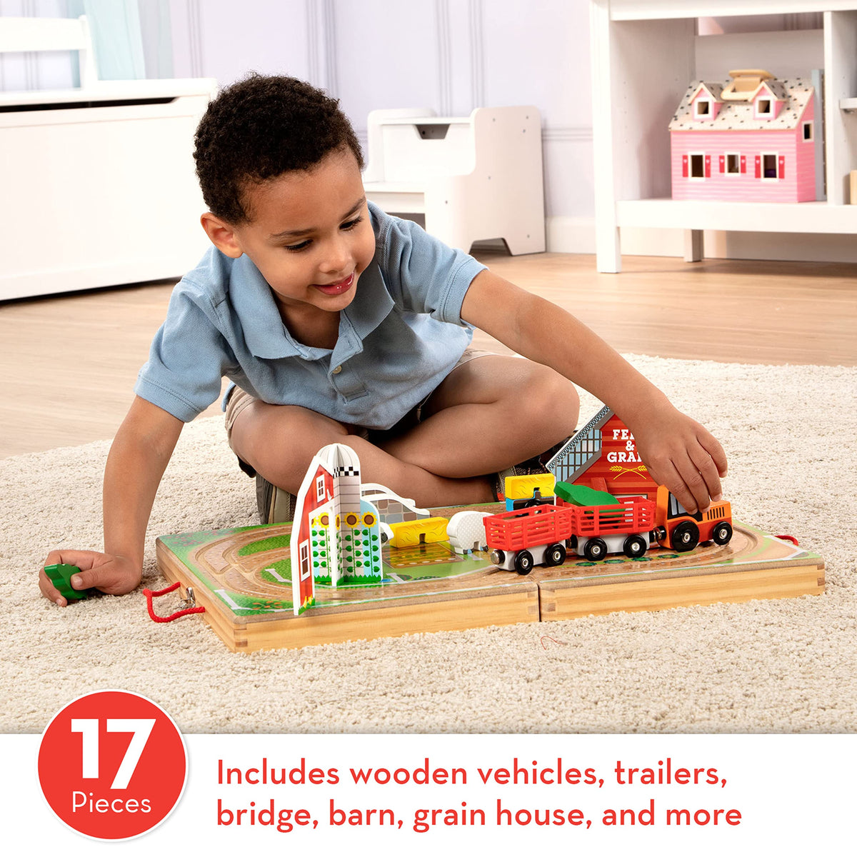 Melissa & Doug 17-Piece Wooden Take-Along Tabletop Farm, 4 Farm Vehicles, Play Pieces, Barn, Grain House Take-Along Pretend Play Toy Barn Toys for