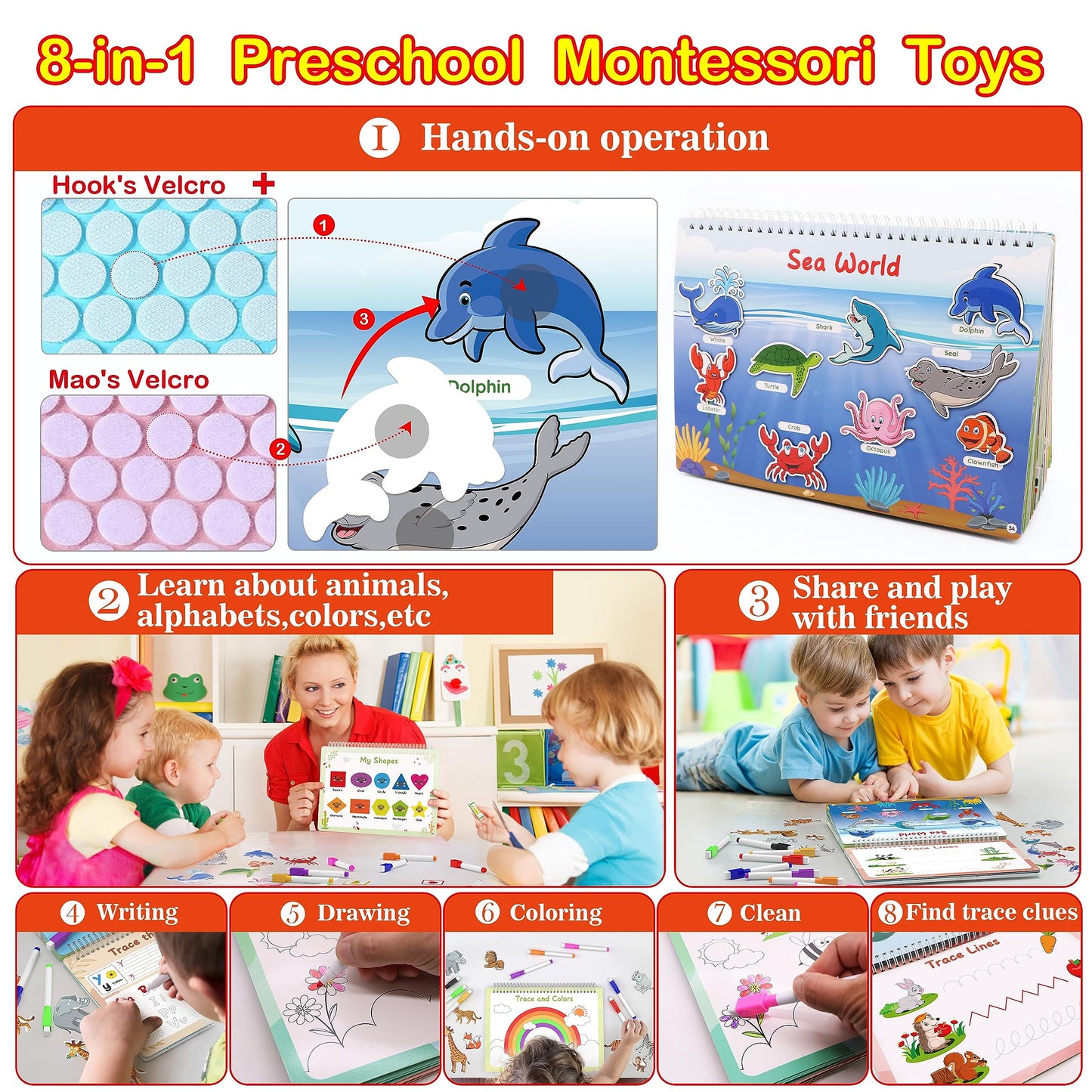 WJPC 53 Designs Busy Book for Toddlers 1,2,3,4,5,6 Years. Preschool Learning Busy Board Kids Boys&Girls Quiet Montessori Toddler Activity Book