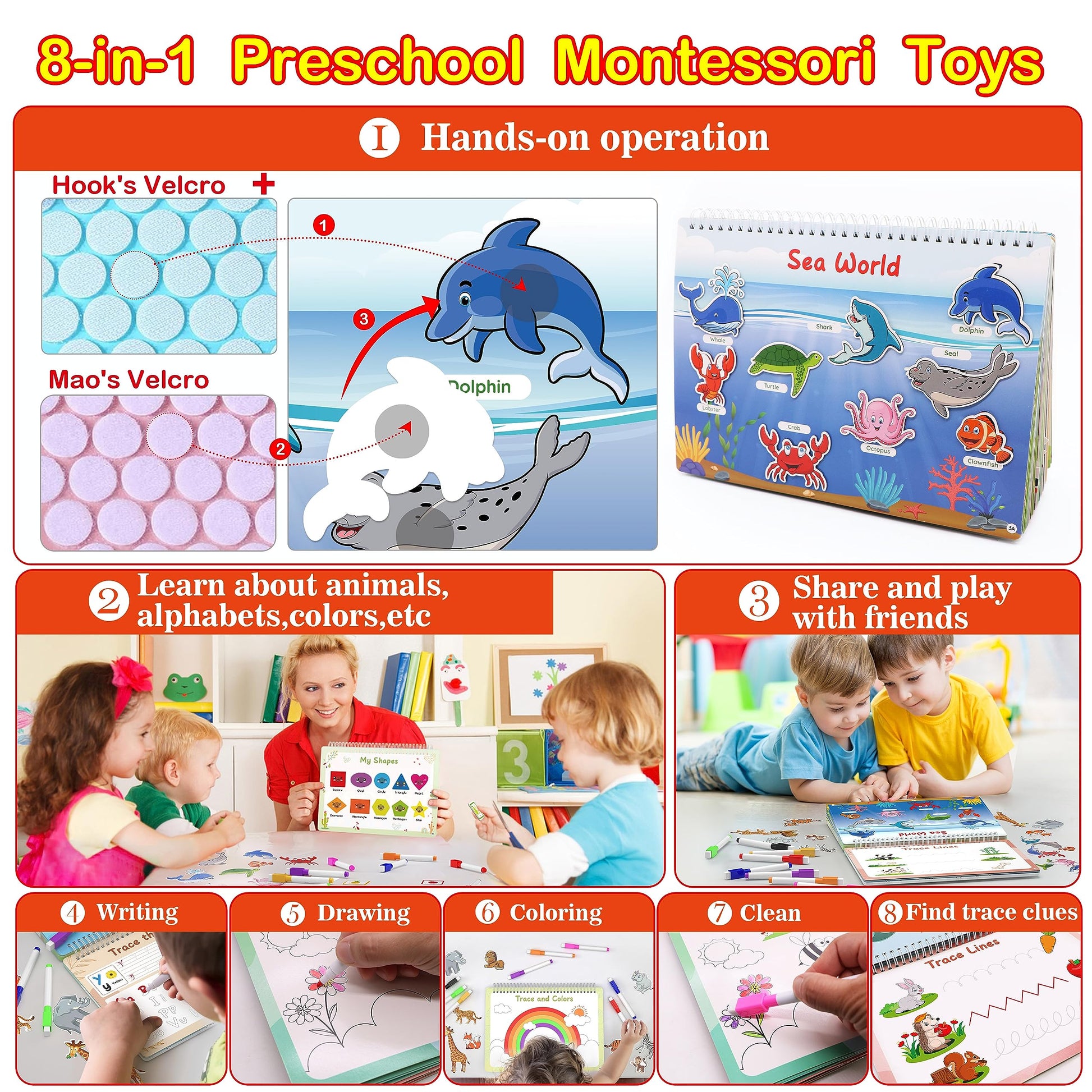 WJPC 53 Designs Busy Book for Toddlers 1,2,3,4,5,6 Years. Preschool Learning Busy Board Kids Boys&Girls Quiet Montessori Toddler Activity Book
