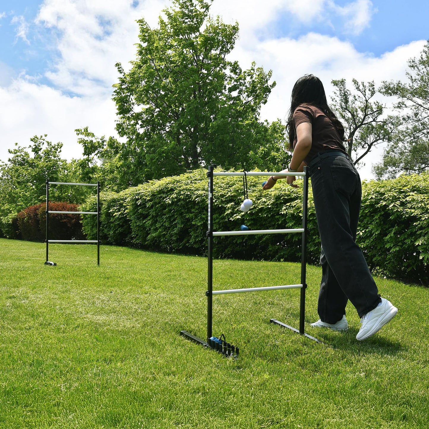 Vivere Ladder Golf Extreme Metal Tournament Edition Ladder Ball Tossing Game with 2 Metal Ladders and 2 Sets of Soft Bolas - Official Equipment