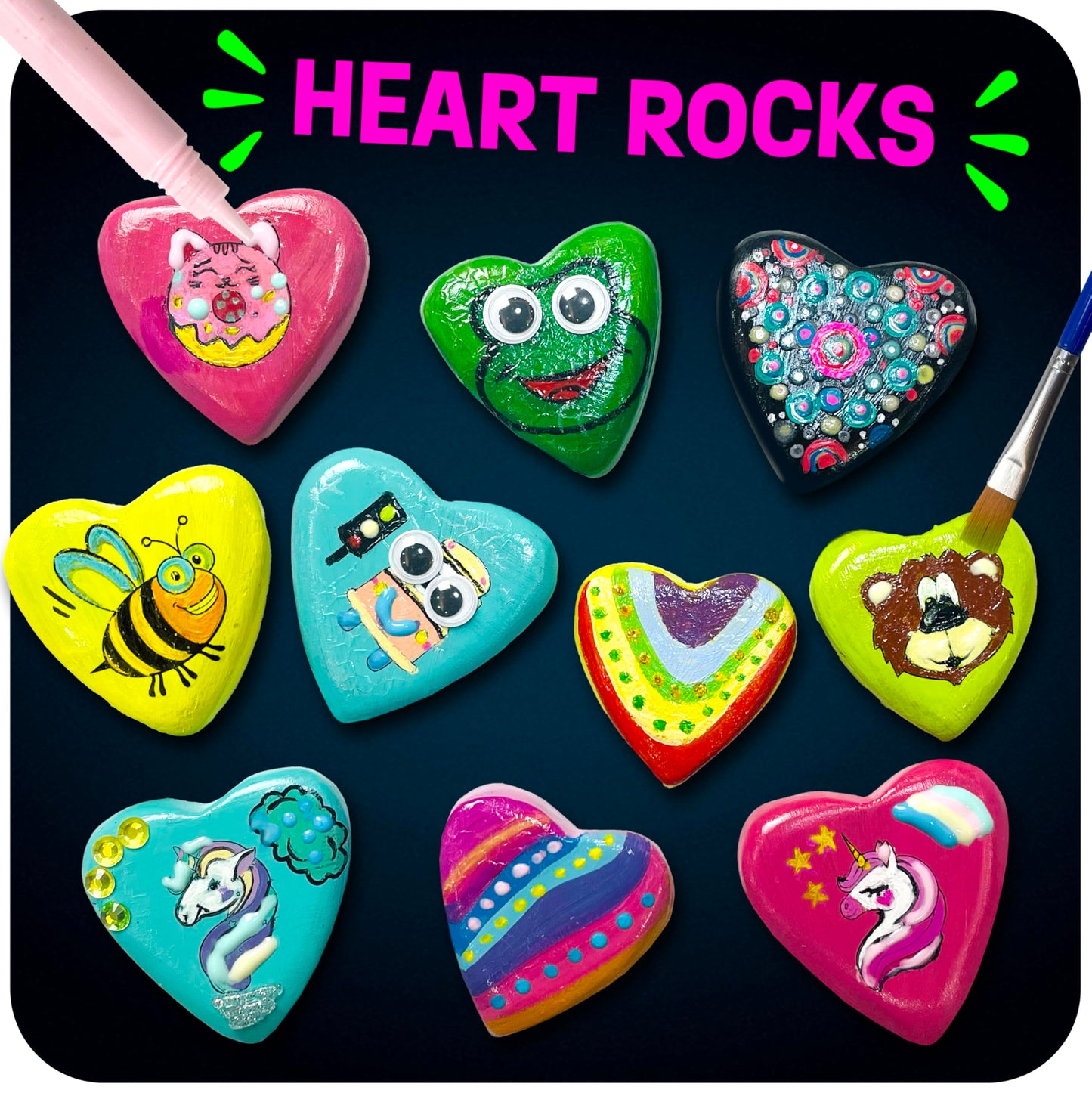 Hearts Rock Painting Kit for Kids Girls - Glow in Dark Art Supplies Ages 4-12 - Complete STEM Craft Set with Puffy Paint Stickers Gems Paints