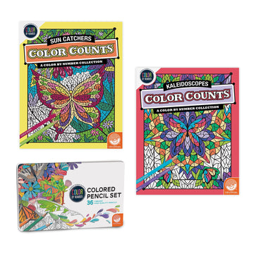 MindWare Color Counts Set of 2 Color by Number Books : Kaleidoscope & Sun Catchers - Includes Numbered Colored Pencils - Fun Art Projects & Kids