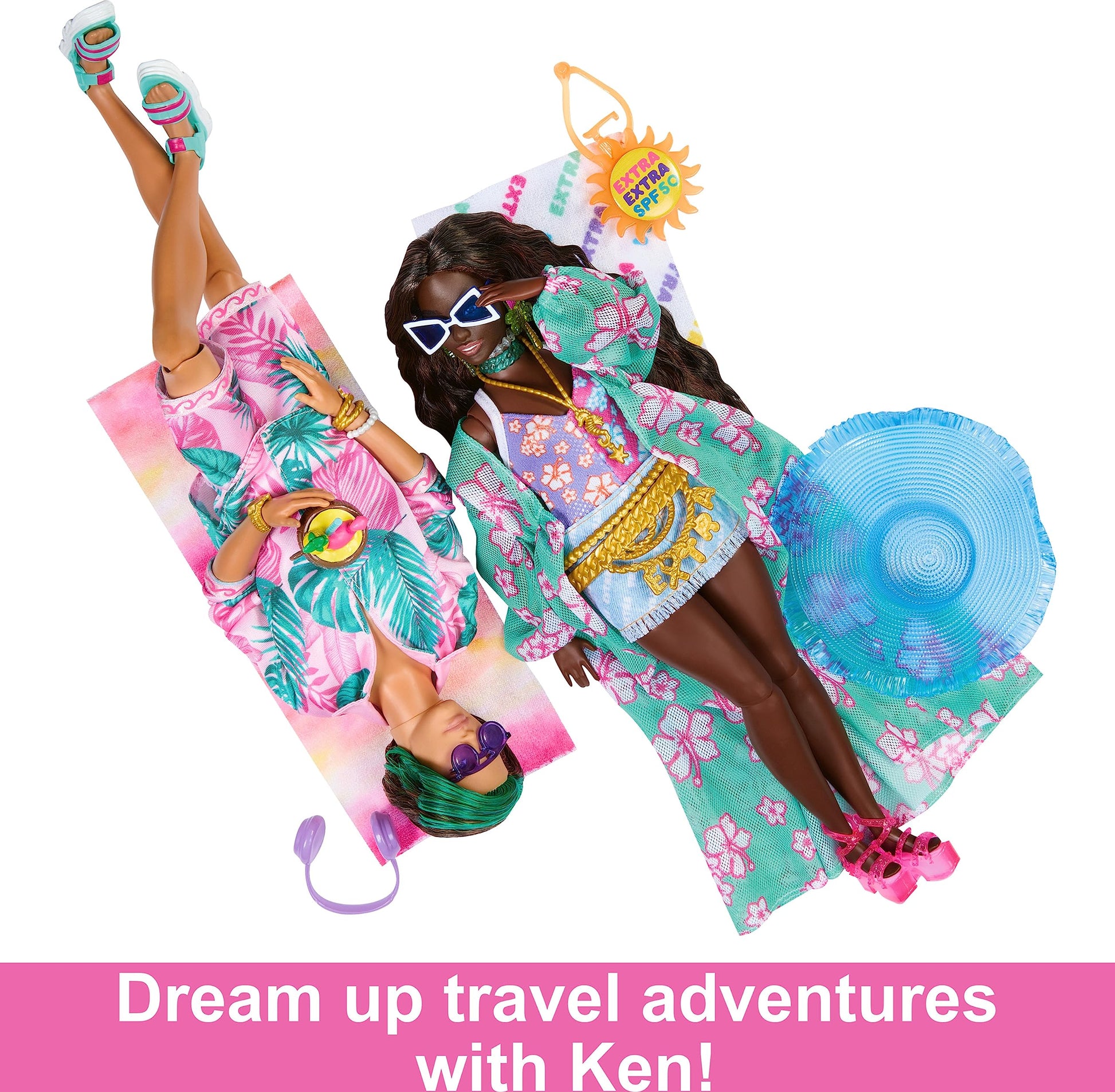 Barbie Extra Fly Doll with Beach-Themed Travel Clothes & Accessories, Tropical Coverup with Oversized Hat & Bag