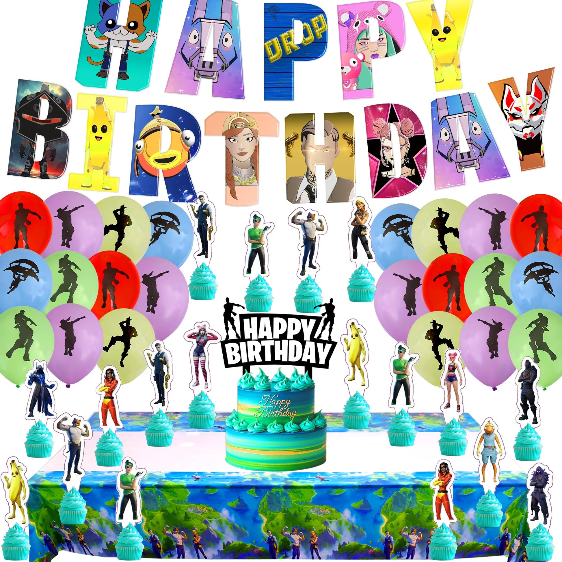 Gaming Birthday Decoration Supplies, Video Game Banner, Tablecloth, Balloons, Toppers