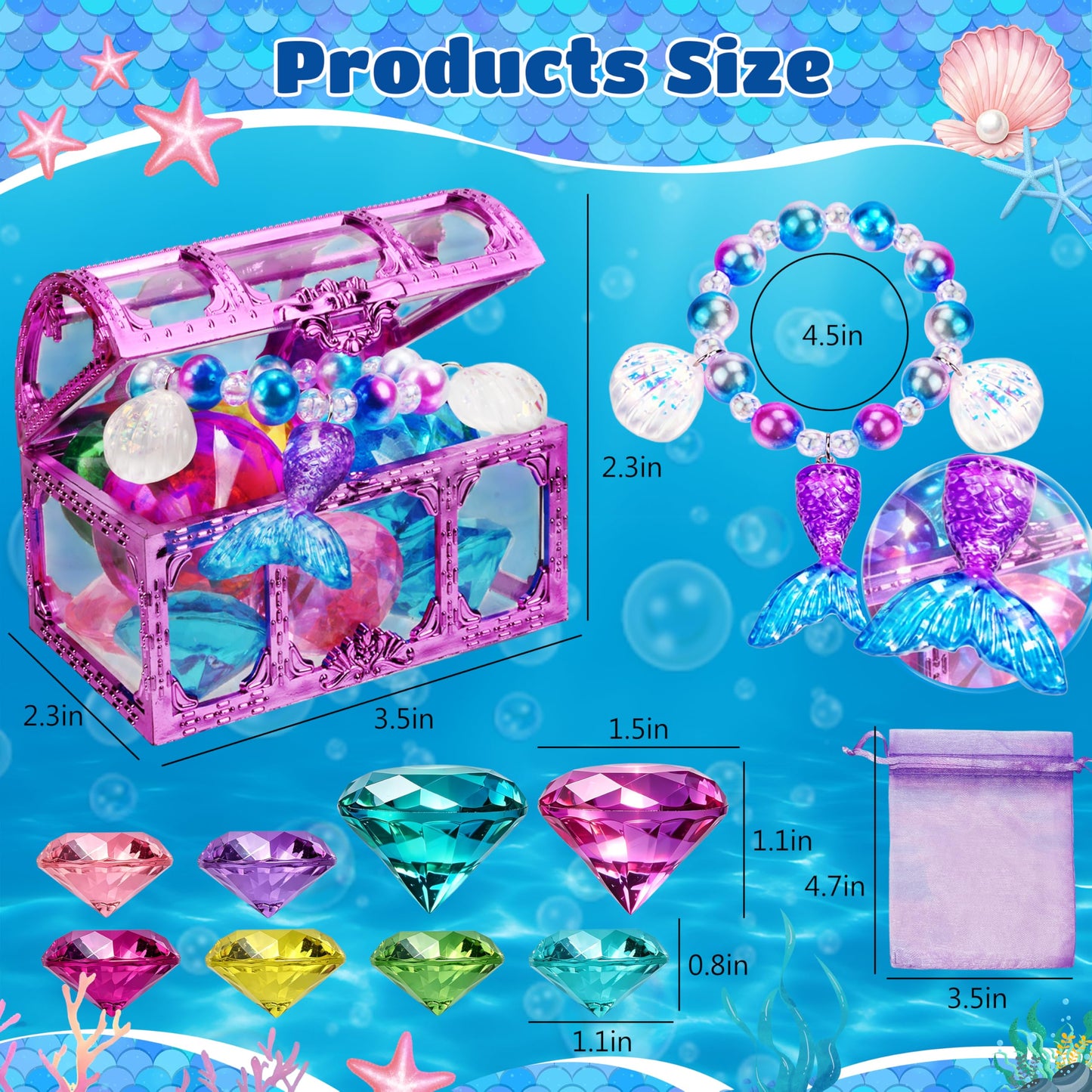Hoplito 11 Pcs Diving Gems Pool Toys, Colorful Diamond Diving Toy with Treasure Chest, Sinking Dive Swimming Pool Toys, Underwater Gemstone Swimming