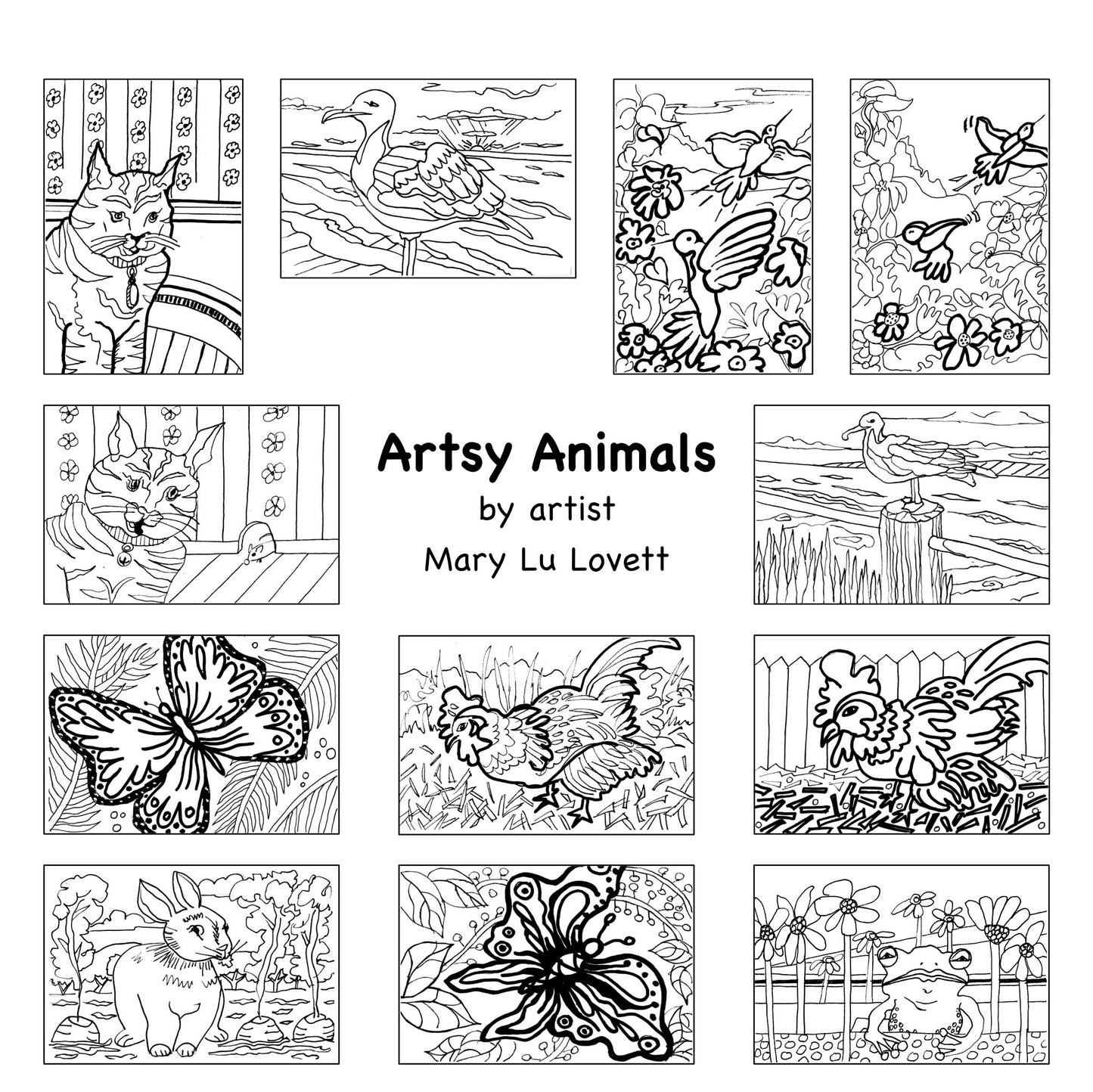 Colorpockit 4x6 Postcard Coloring Book Deck Pack Bundle with Artsy Animals and Seaside Scenes. Refills Complete Portable Coloring kit. Contains Two