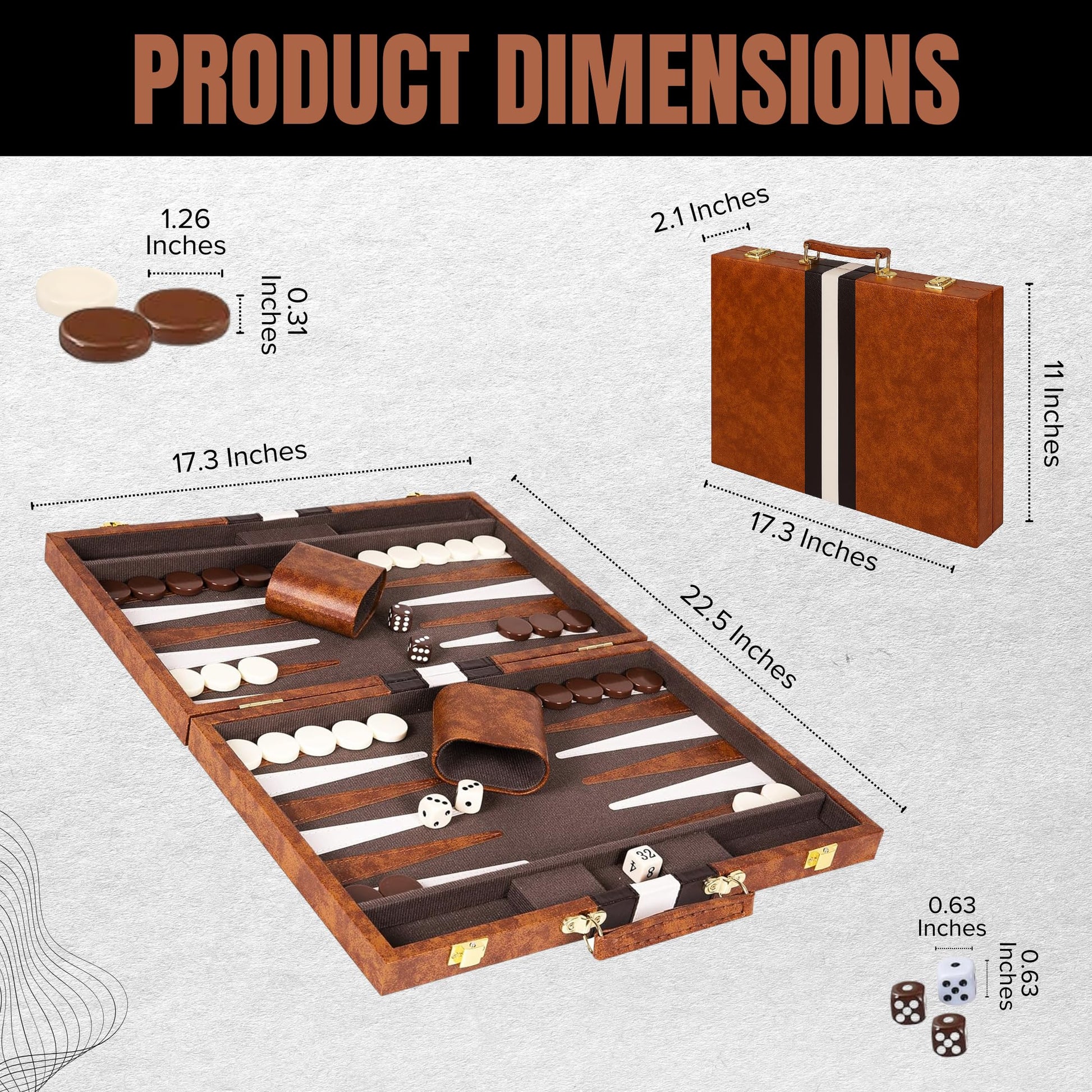 Premium Backgammon 18 Inches Large Brown - Backgammon Sets for Adults and Kids - Leatherette Back Gammon Board Game Set - Travel Backgammon Set Board