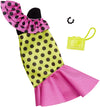Barbie Complete Looks Doll Clothes, Outfit Dolls Featuring a Party Dress Decorated with Green and Pink Color-Blocking, Ruffles and Polka Dots, Gift