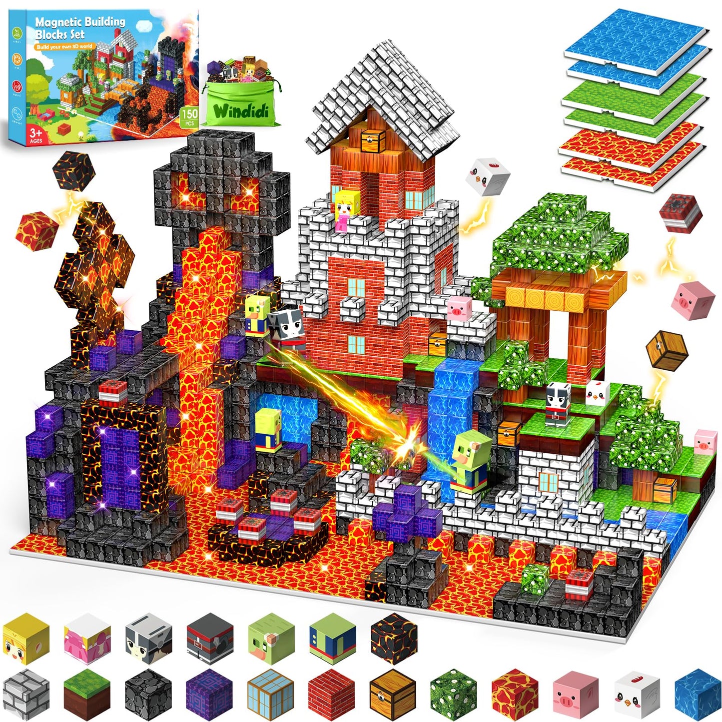 150PCS Magnetic Building Blocks - 6 Big Magnetic Base Building STEM Toys, Magnet Cube Game for Kids, Build Mine Castle Volcano World for Boys Girls