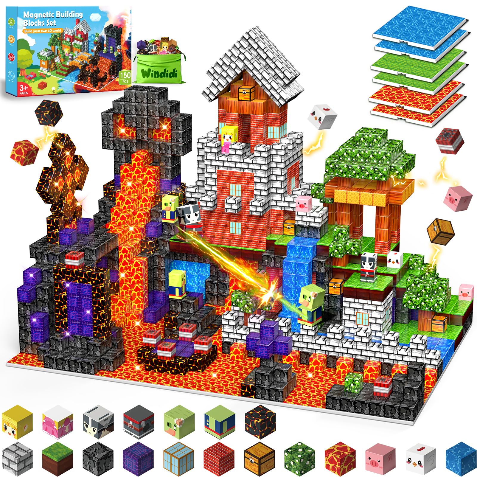 150PCS Magnetic Building Blocks - 6 Big Magnetic Base Building STEM Toys, Magnet Cube Game for Kids, Build Mine Castle Volcano World for Boys Girls