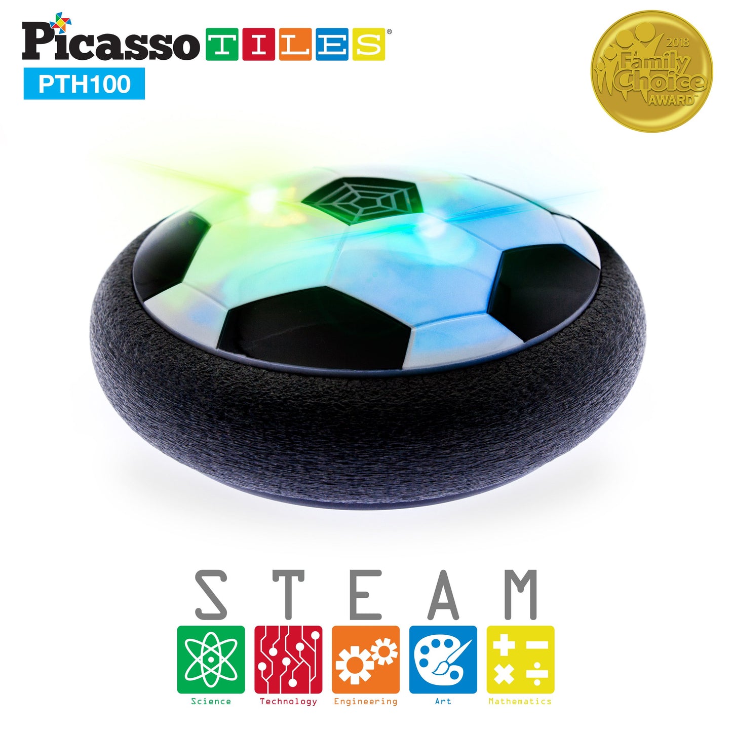 PicassoTiles Hoverball Air Hockey Soccer Floating Disc with LED Light Airlift Power Soft Bumper Indoor Gliding Toy Battery Operated Movement Training