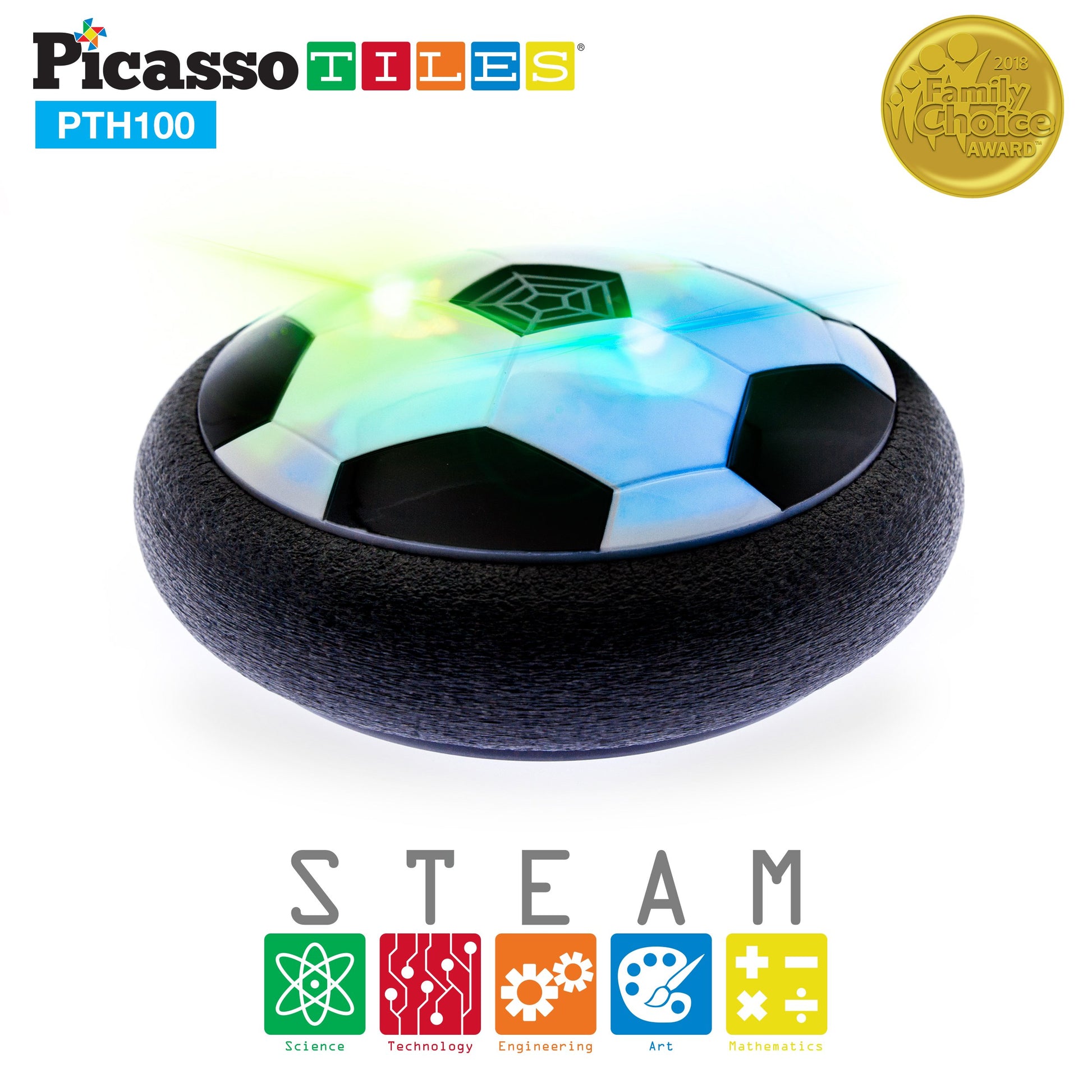 PicassoTiles Hoverball Air Hockey Soccer Floating Disc with LED Light Airlift Power Soft Bumper Indoor Gliding Toy Battery Operated Movement Training