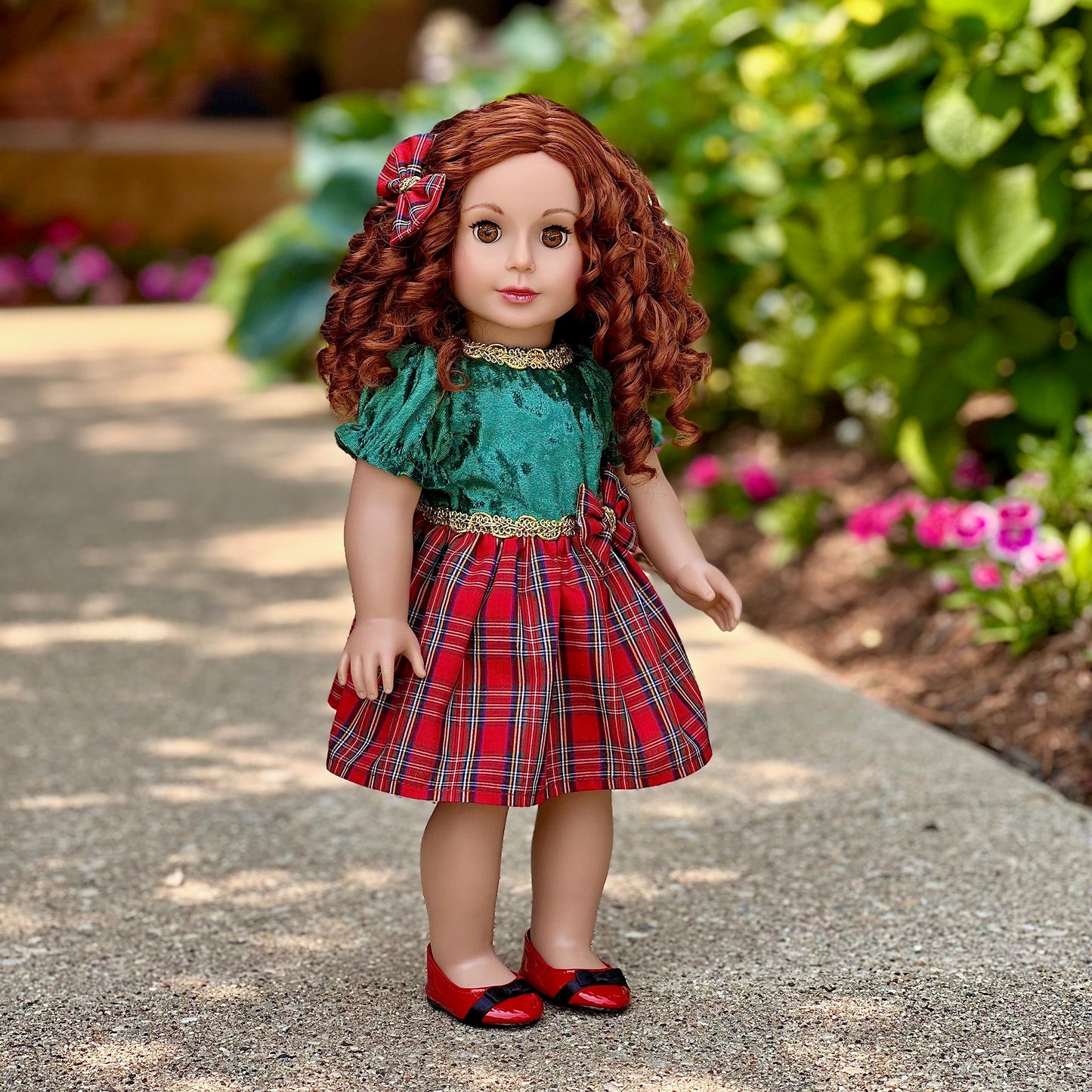 Christmas Classic - 3 Piece Outfit - Green and Red Party Dress, Red Shoes and Hair Bow - Clothes Fits 18 Inch Doll (Doll Not Included)